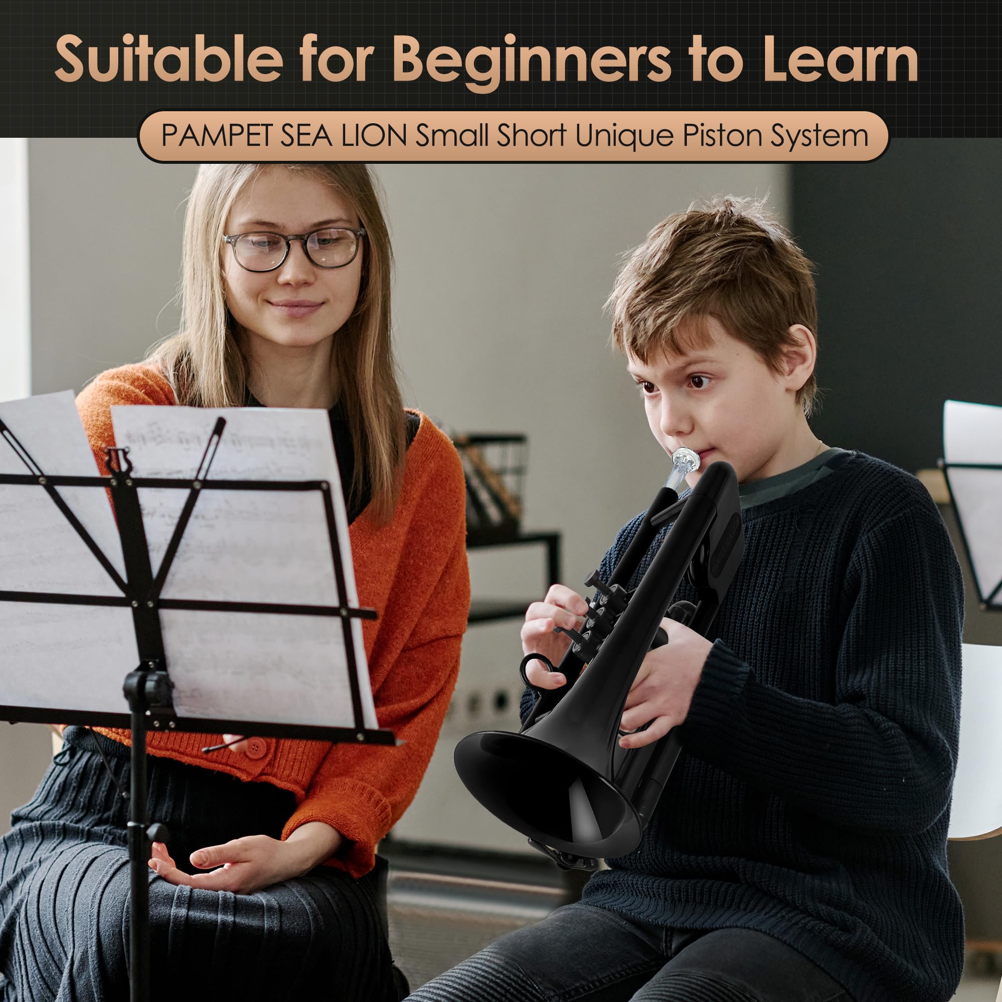 Pampet Sea Lion Professional Plastic Bb Trumpet Standard Trumpets Trumpet Set For Student Beginner Bb Trumpet Instrument (Black)