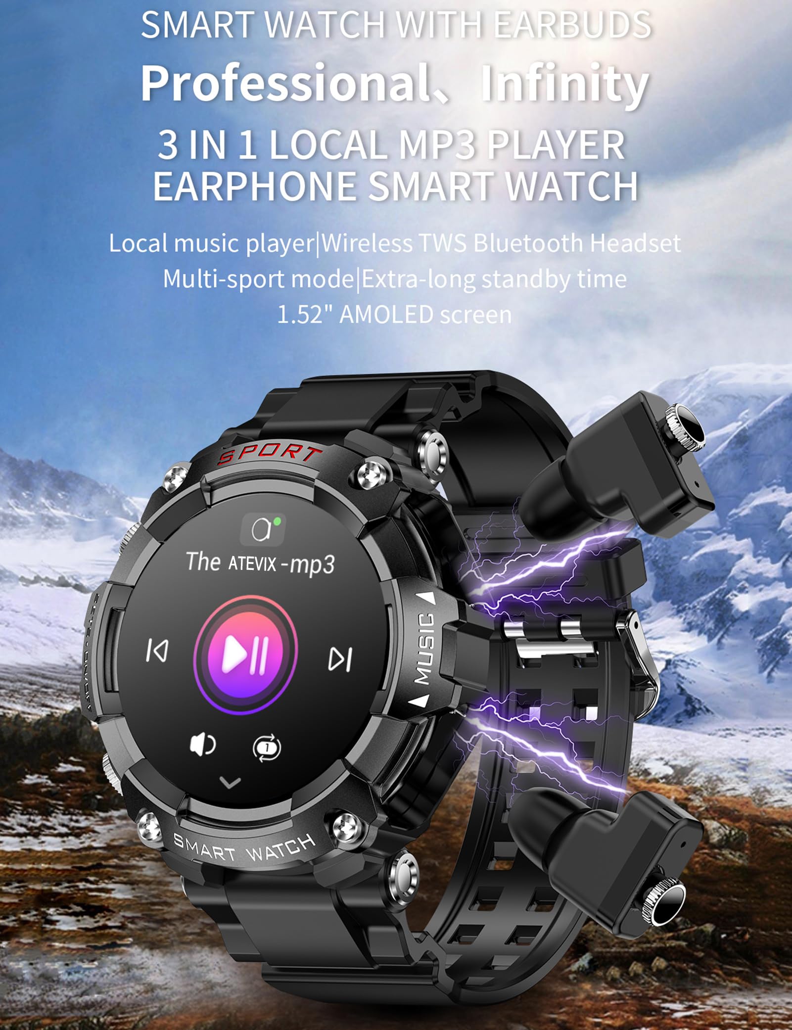 Atevix Smart Watch With Earbuds For Men, 1.52 Inch Round Fitness Watch T96, 2 In 1 Bluetooth Watch With Step,Calories, Sports Sm