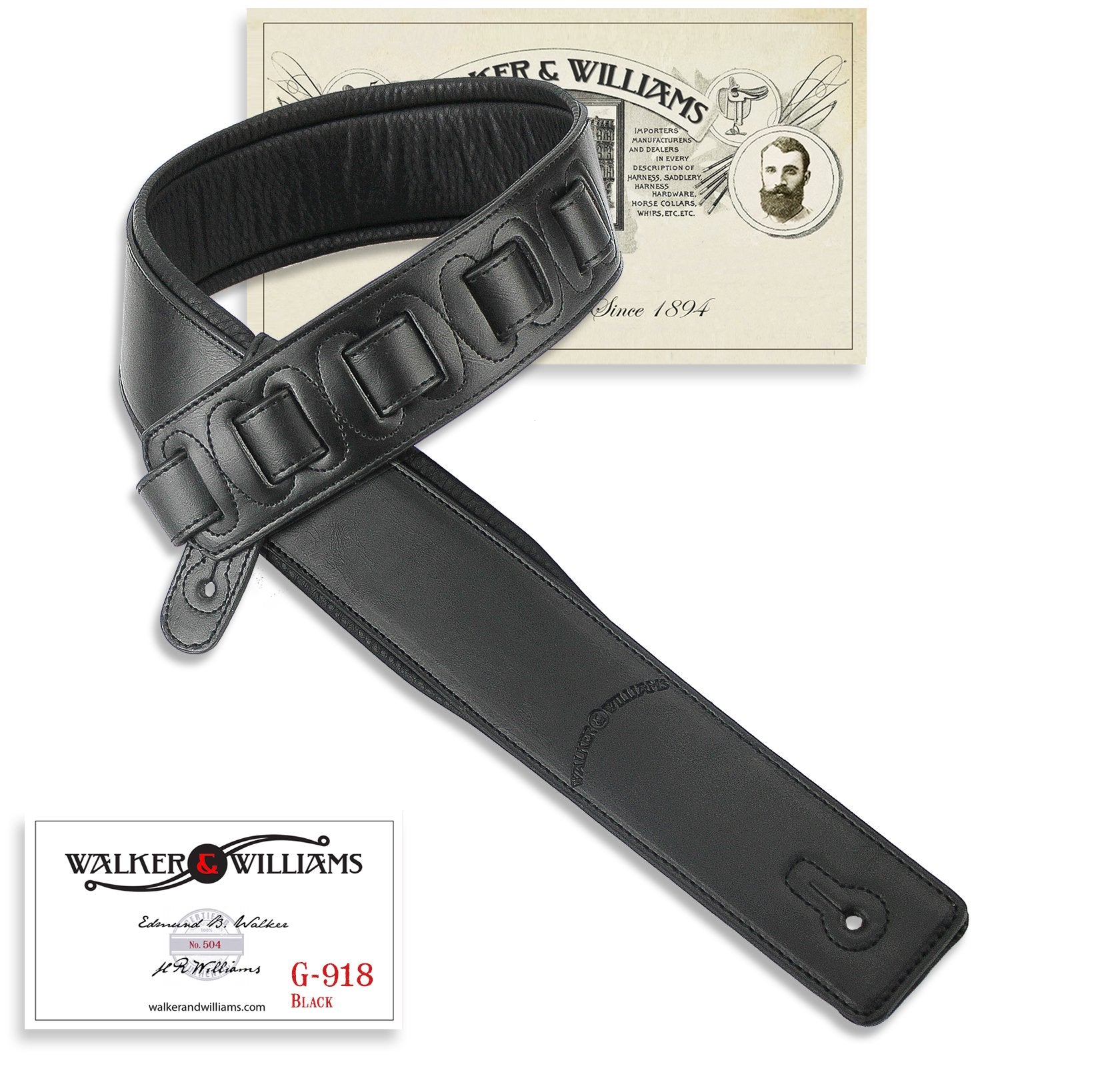 Walker & Williams G 918 Handmade Natural Finish Black Leather Padded Guitar Strap For Acoustic, Electric, And Bass Guitars