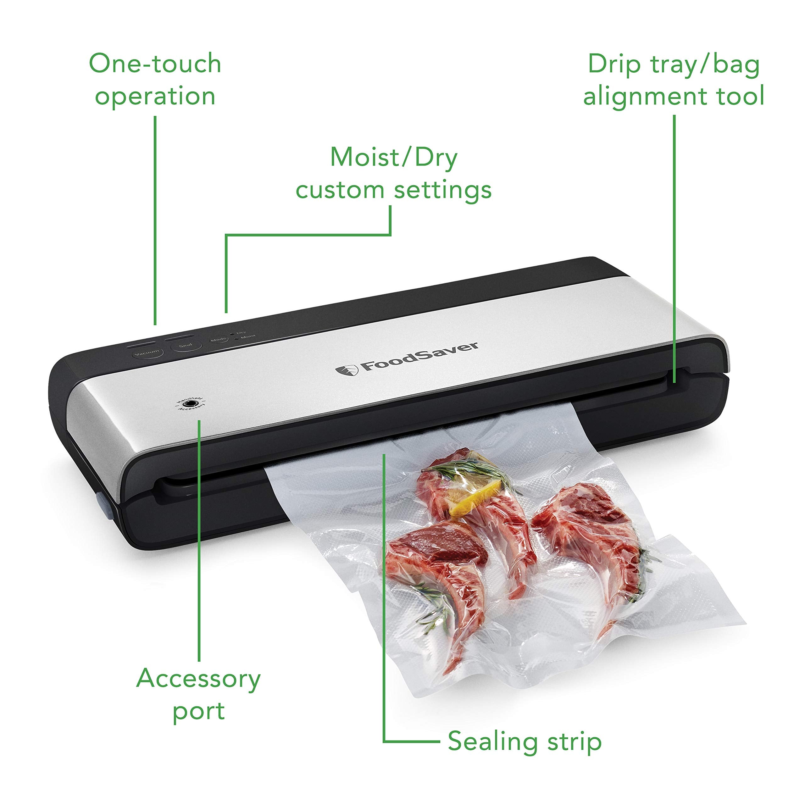 Foodsaver Powervac Compact Vacuum Sealing Machine, Stainless Steel & Black, Vertical Storage, Vs0150 | Preserves Freshness, Reduces Bag Waste, For Both Dry And Wet Food