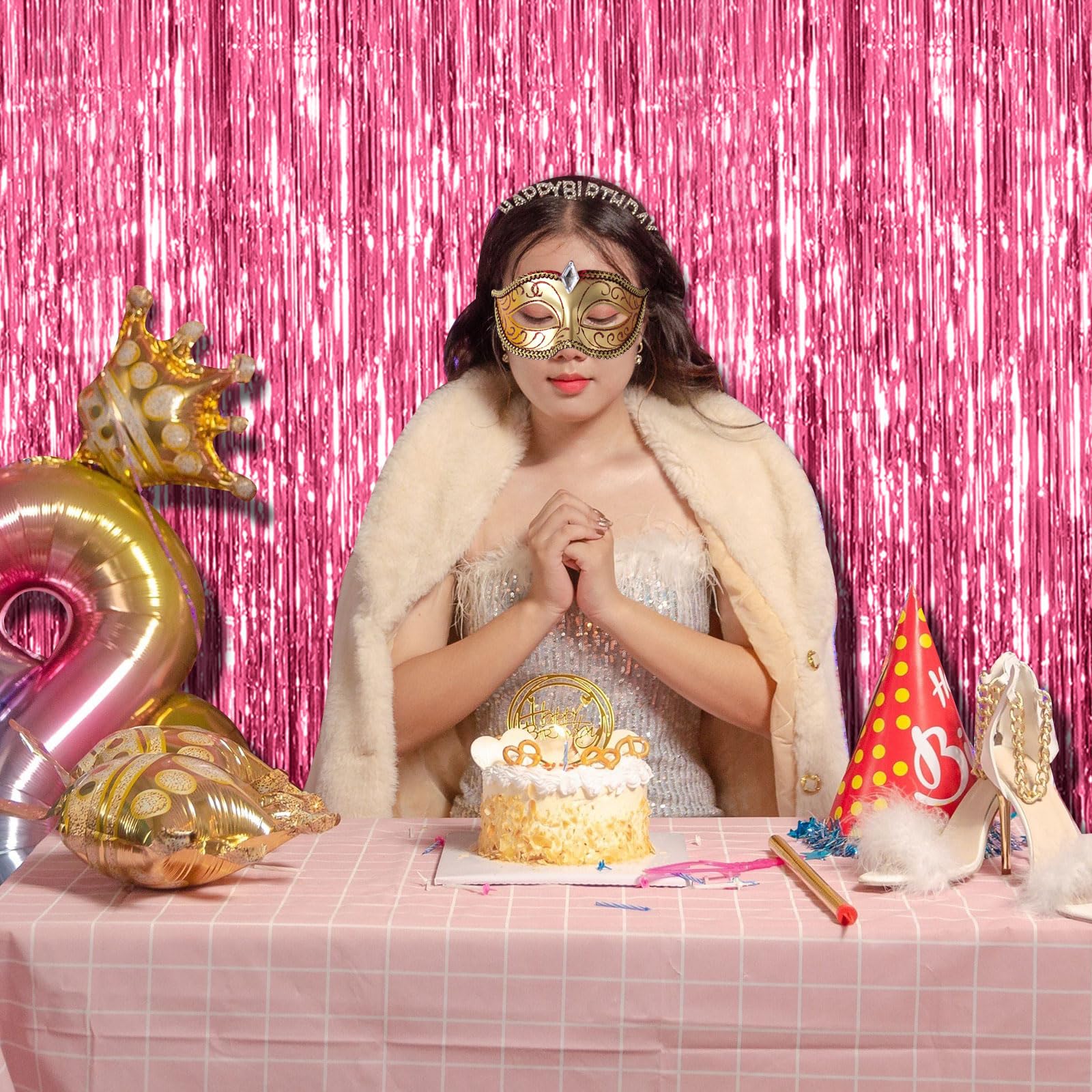 3 Pack Pink Backdrop Birthday Party Decorations Tinsel Foil Fringe Curtains Backdrop Streamer Bachelorette Christmas Graduation