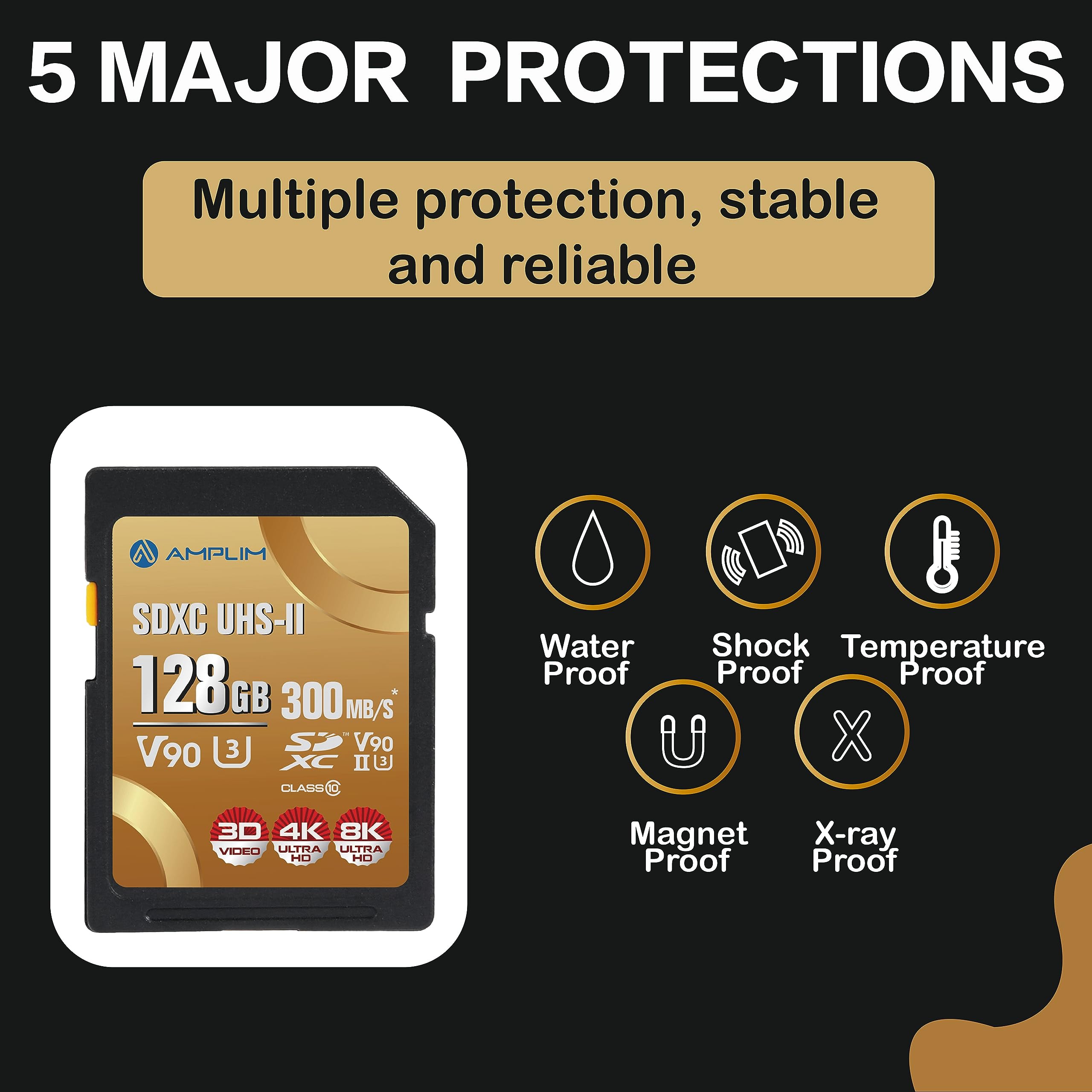 Amplim 128Gb V90 Uhs Ii Sd Sdxc Card, 300Mb/S 2000X Read/Write Lightning Speed Performance, Extreme Read, U3 Secure Digital Memory Storage For Professional Photographer And Videographer