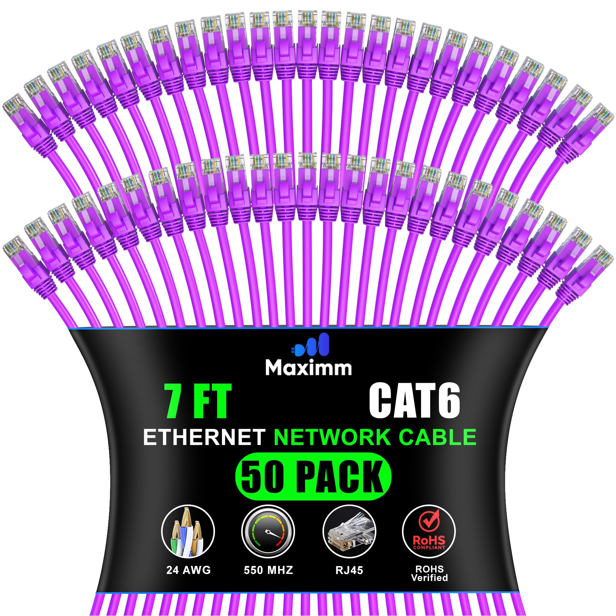 Maximm Cat 6 Ethernet Cable 7 Ft, (50-Pack) Cat6 Cable, LAN Internet and Network - UTP (Purple) 7 Feet