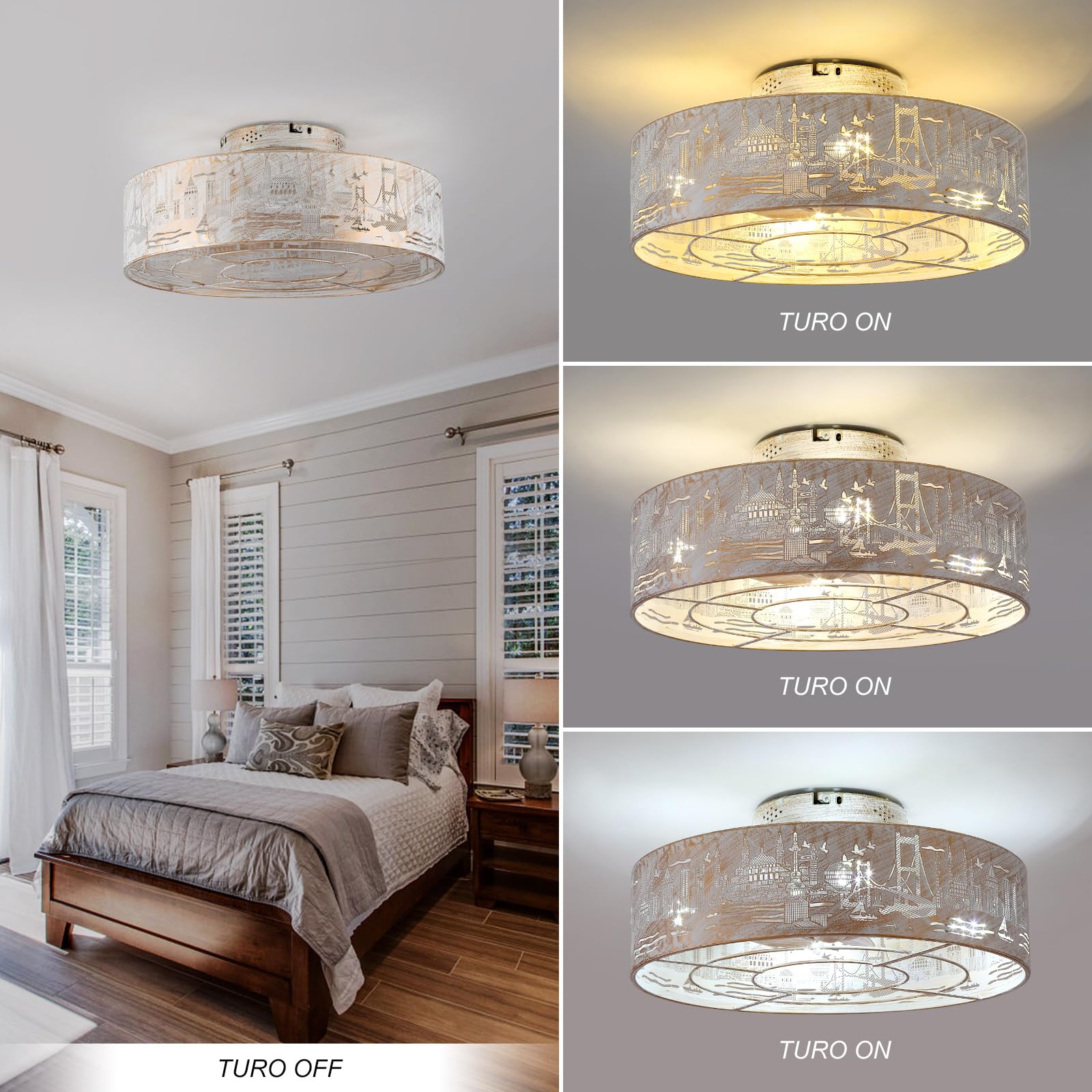 Alaruder Caged Ceiling Fans With Lights Flush Mount,Low Profile Ceiling Fan With Remote,20 Inch Caged White Fan For Bedroom,6 Sp