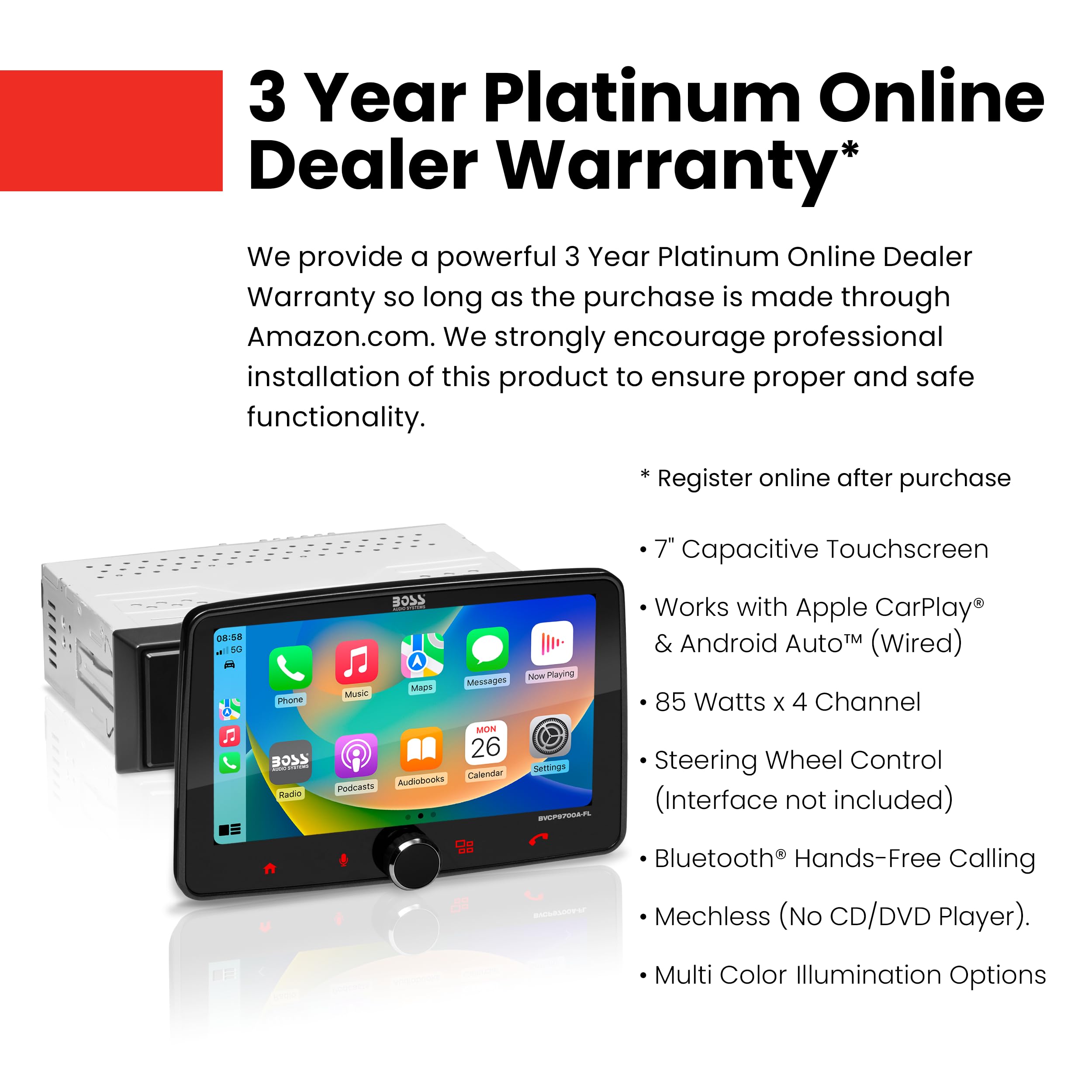 Boss Audio Systems Bvcp9700A  Fl Car Stereo   Apple Carplay, Android Auto, Single Din, 7 Inch Touchscreen, Bluetooth, No Cd Dvd