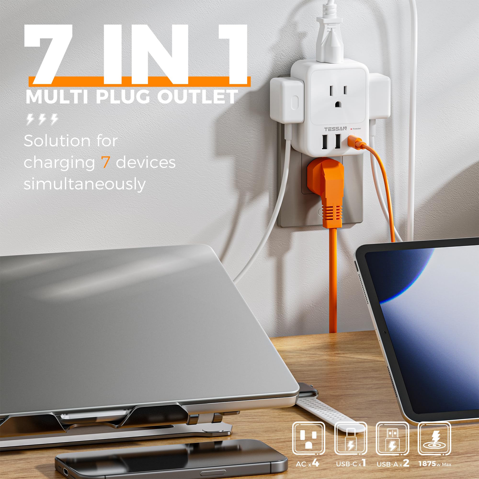 Usb C Charger Block, Tessan Outlet Extender Surge Protector With 3 Usb Ports (1 Usb C), 4 Ac Multi Plug Wall Outlet, 4 Sided Usb