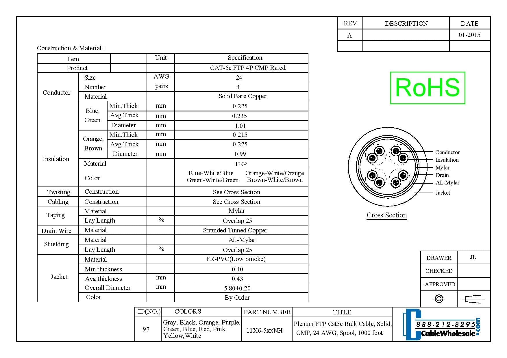 Cablewholesale 1000 Feet Bulk Cat5E Plenum Rated (Cmp) Ethernet Cable, 4 Pair Solid Bare Copper, Stp (Shielded Twisted Pair), Sp
