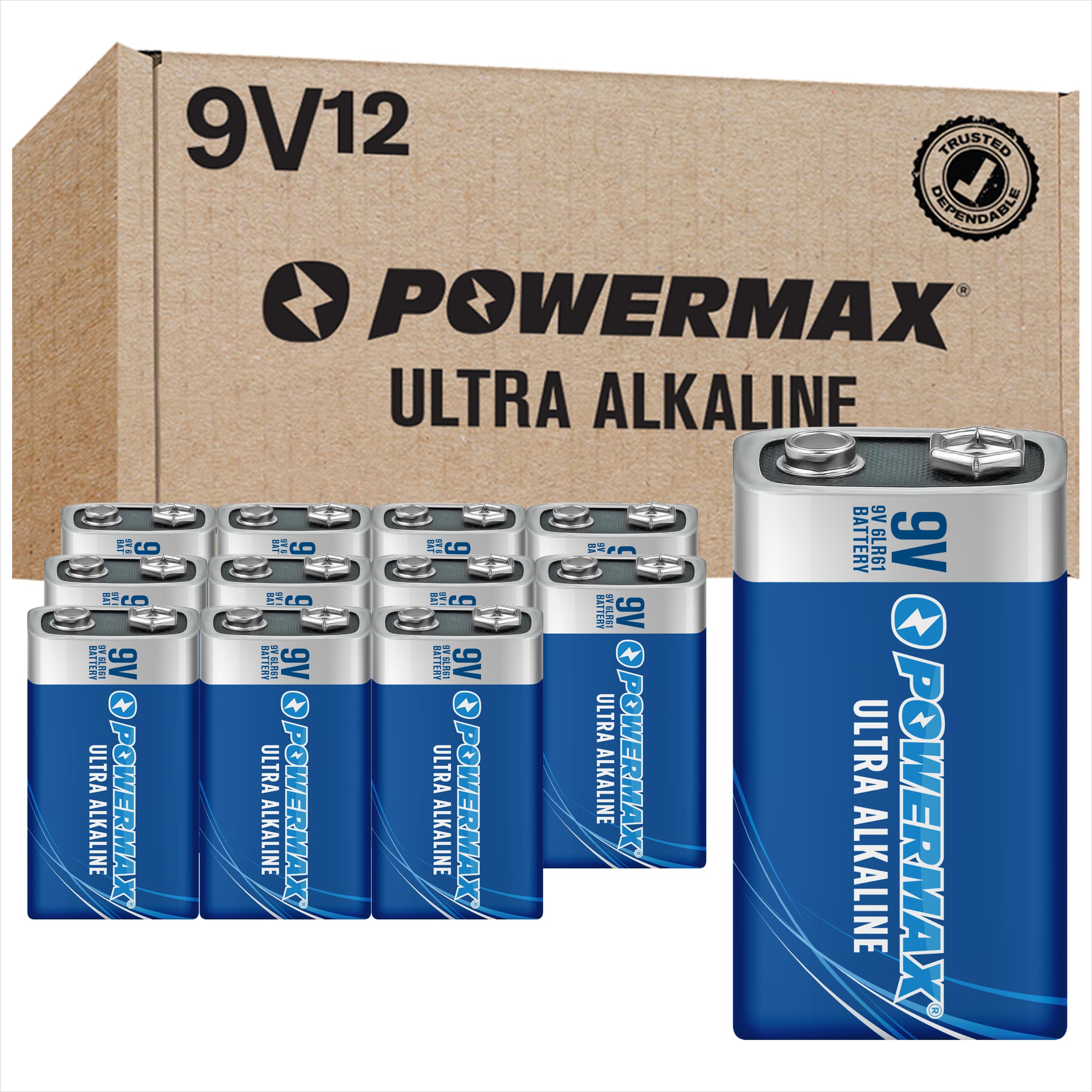 Powermax 12-Count 9V Batteries, Ultra Long Lasting Alkaline Battery for Home and Office, 7-Year Shelf Life, Reclosable Packaging