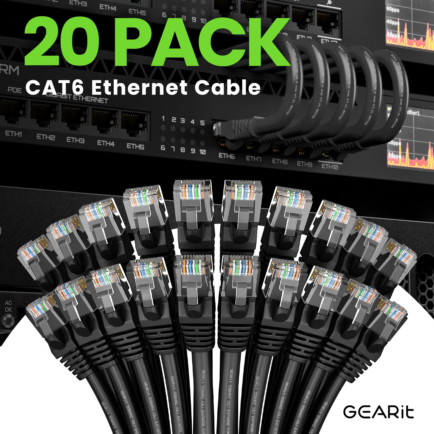 Gearit Cat 6 Ethernet Cable 10 Ft (20 Pack)   Cat6 Patch Cable, Cat 6 Patch Cable, Cat6 Cable, Cat 6 Cable, Cat6 Ethernet Cable,