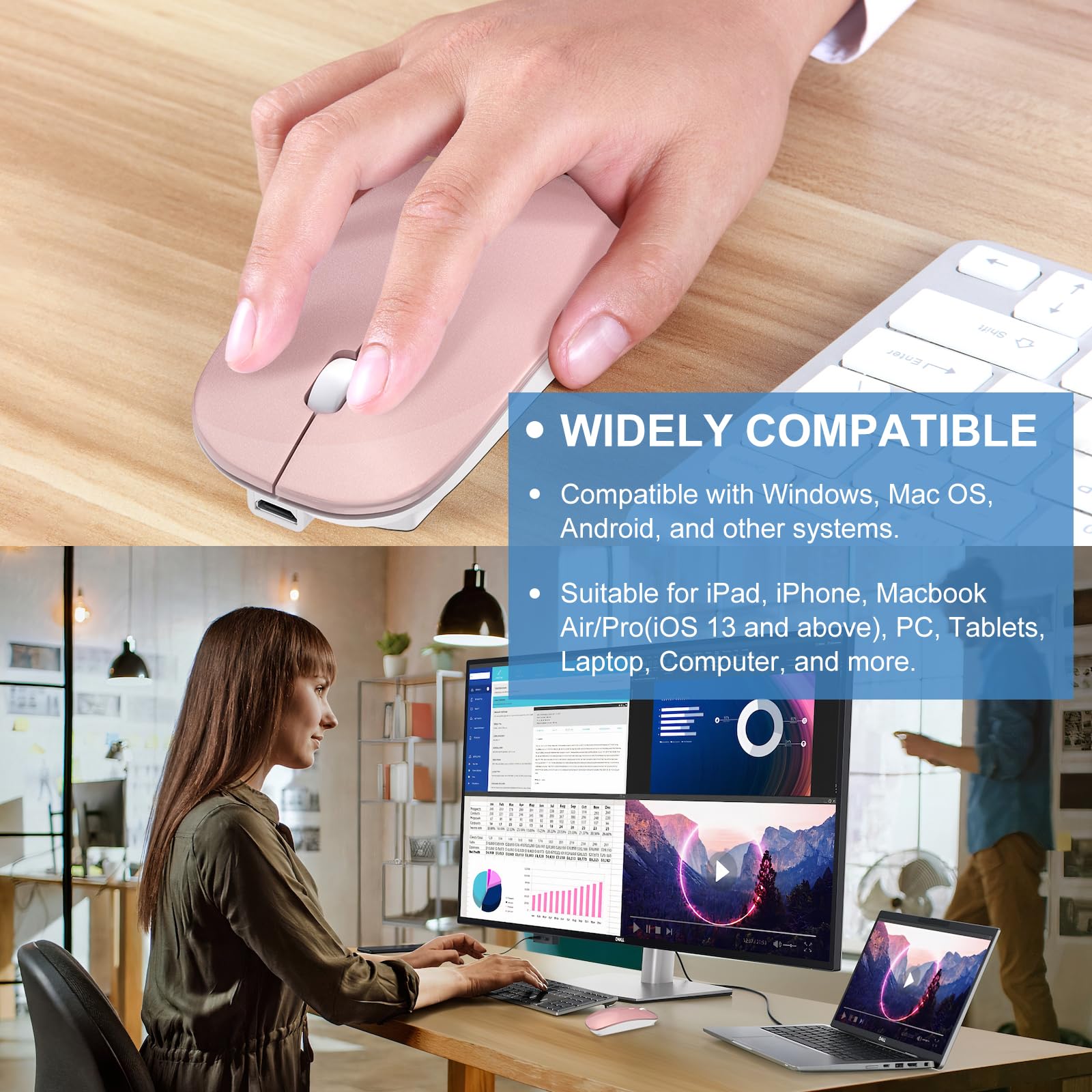 Bluetooth Wireless Mouse For Macbook Air Mac Pro Laptop Computer Ipad Pad Pc Laser Optical Rechargeable Mini Slim Silent Mouse Widely Used Desktop Hp Imac (Rose Gold)