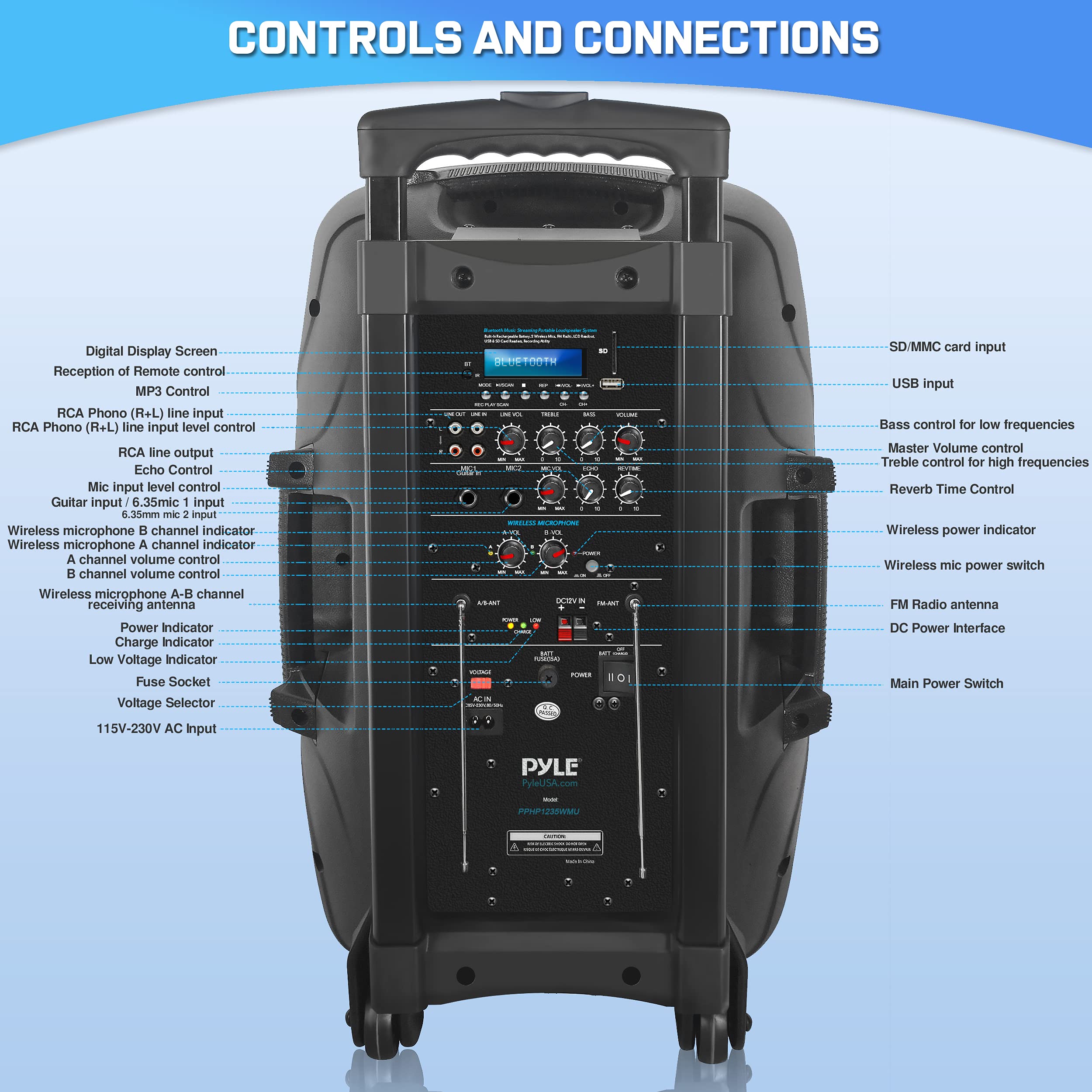 Pyle 1000 Watt, 12'' Bluetooth Pa Speaker   Indoor / Outdoor Portable Sound System With (2) Uhf Wireless Microphones, Rechargeab
