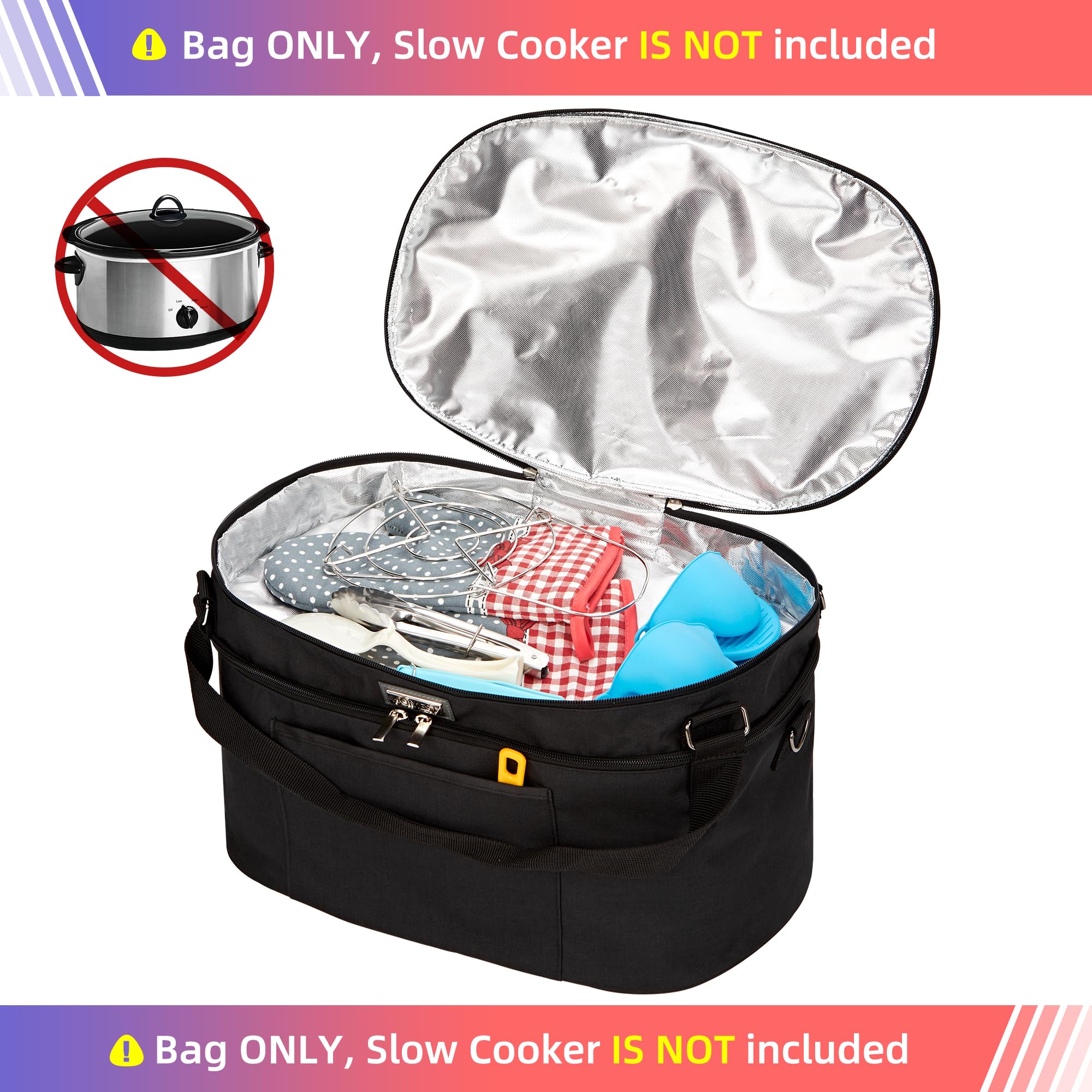 Homest Slow Cooker Bag For Crock Pot 6 8 Quart, Insulated Travel Carrier With Easy To Clean Lining, Carry Case With Top Zip Comp