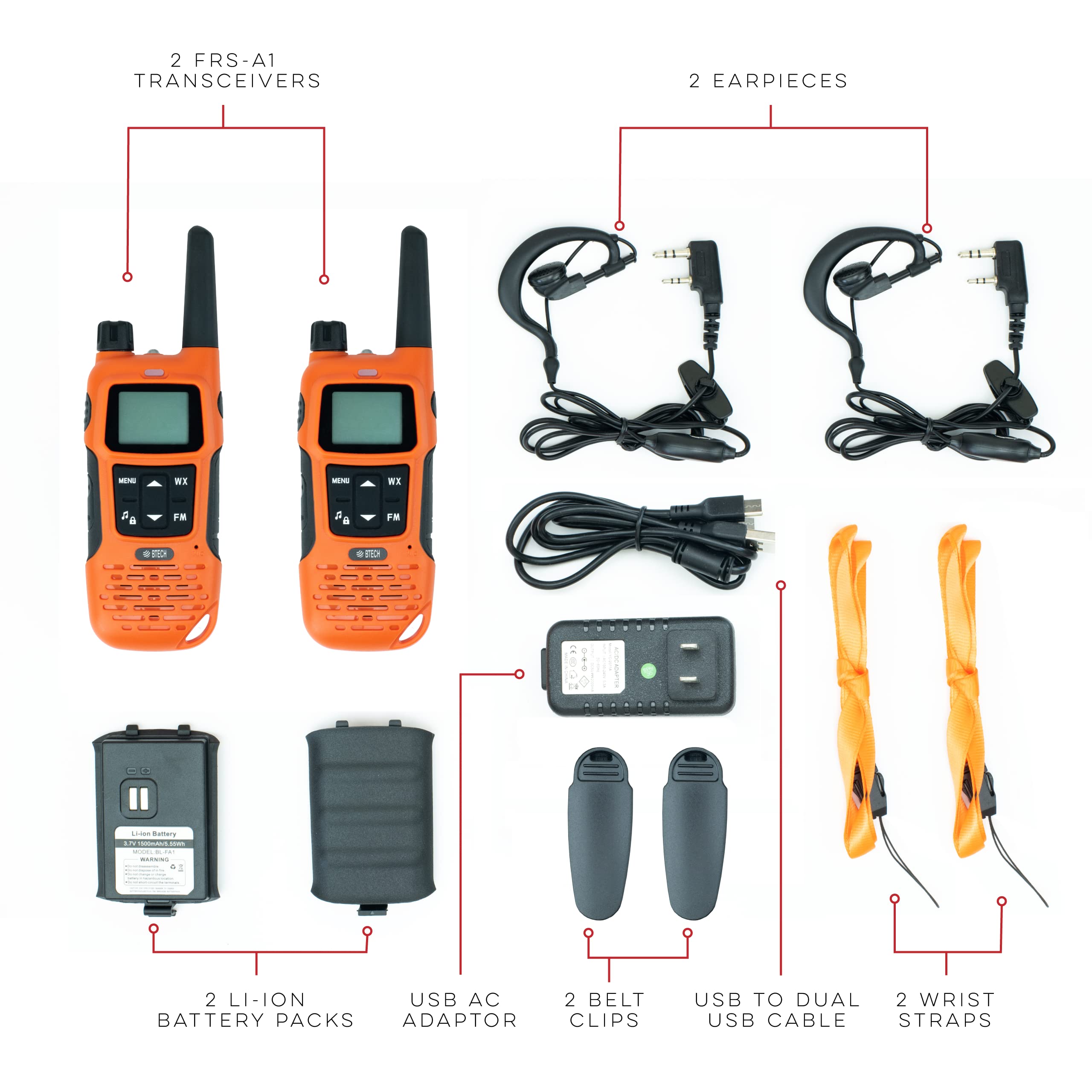 Btech Frs-A1 2 Pack Frs Orange Walkie Talkies, Noaa, High Output Two-Way Radio. Usb-C Charging, Built In Flashlight, Fm Radio, N
