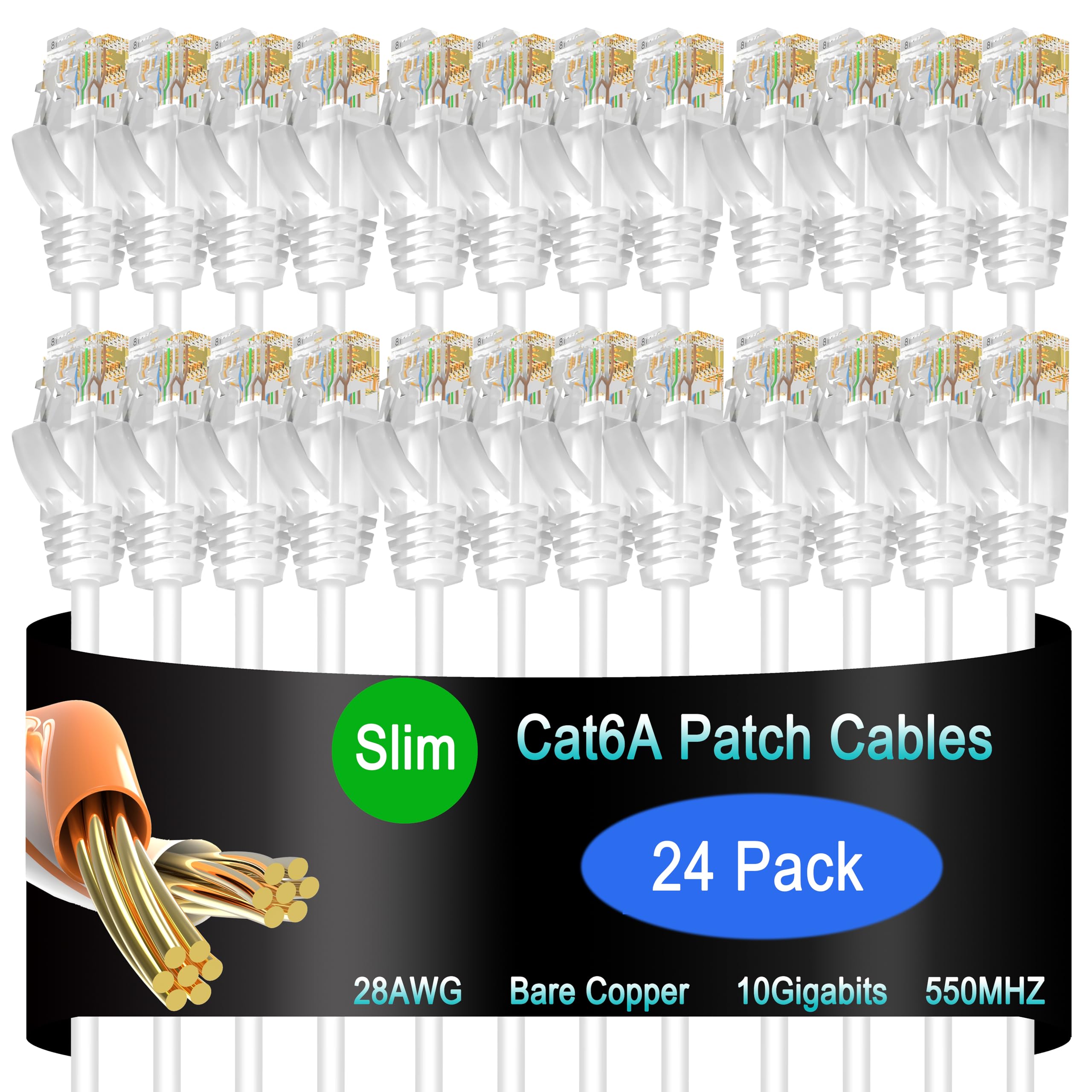 Lysymixs Cat6A Slim Ethernet Patch Cable 6 Ft (24 Pack), Cat6A Patch Cable For Data Centers, Cat 6 Patch Cable 10G, Network Patc