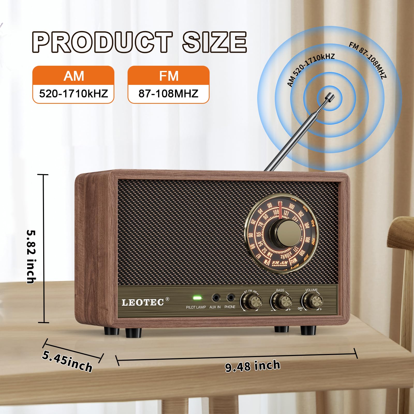 Leotec Am Fm Radio,Retro Wood Table Radio,Portable Bluetooth Speaker Plug In Wall,Best Reception With Aux,Headphone Jack,Great F