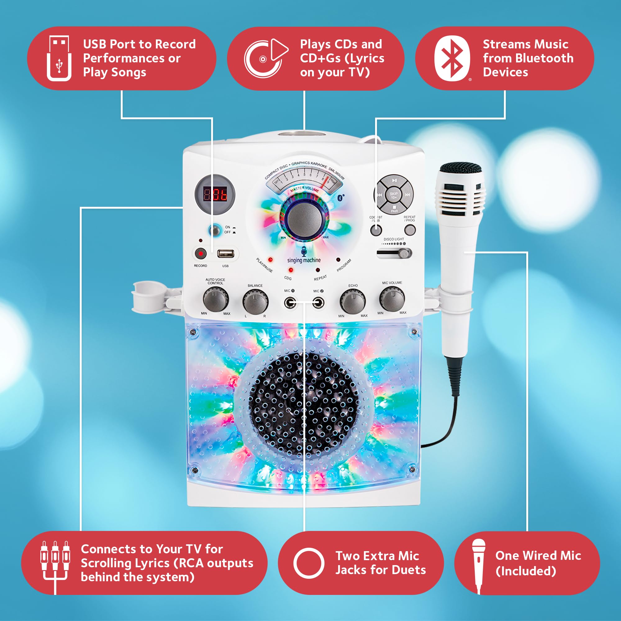 Singing Machine Portable Karaoke Machine For Adults & Kids With Wired Microphone, White   Built In Speaker, Bluetooth With Led D