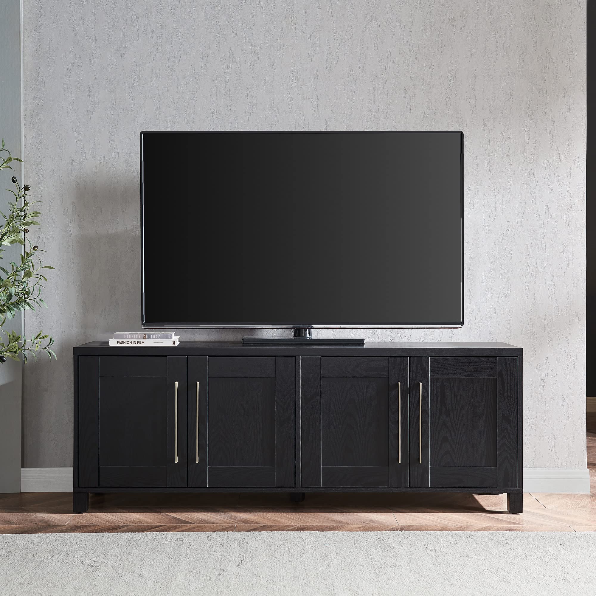 Henn&Hart Rectangular Tv Stand For Tv'S Up To 80'' In Black Grain, Tv Stands For The Living Room
