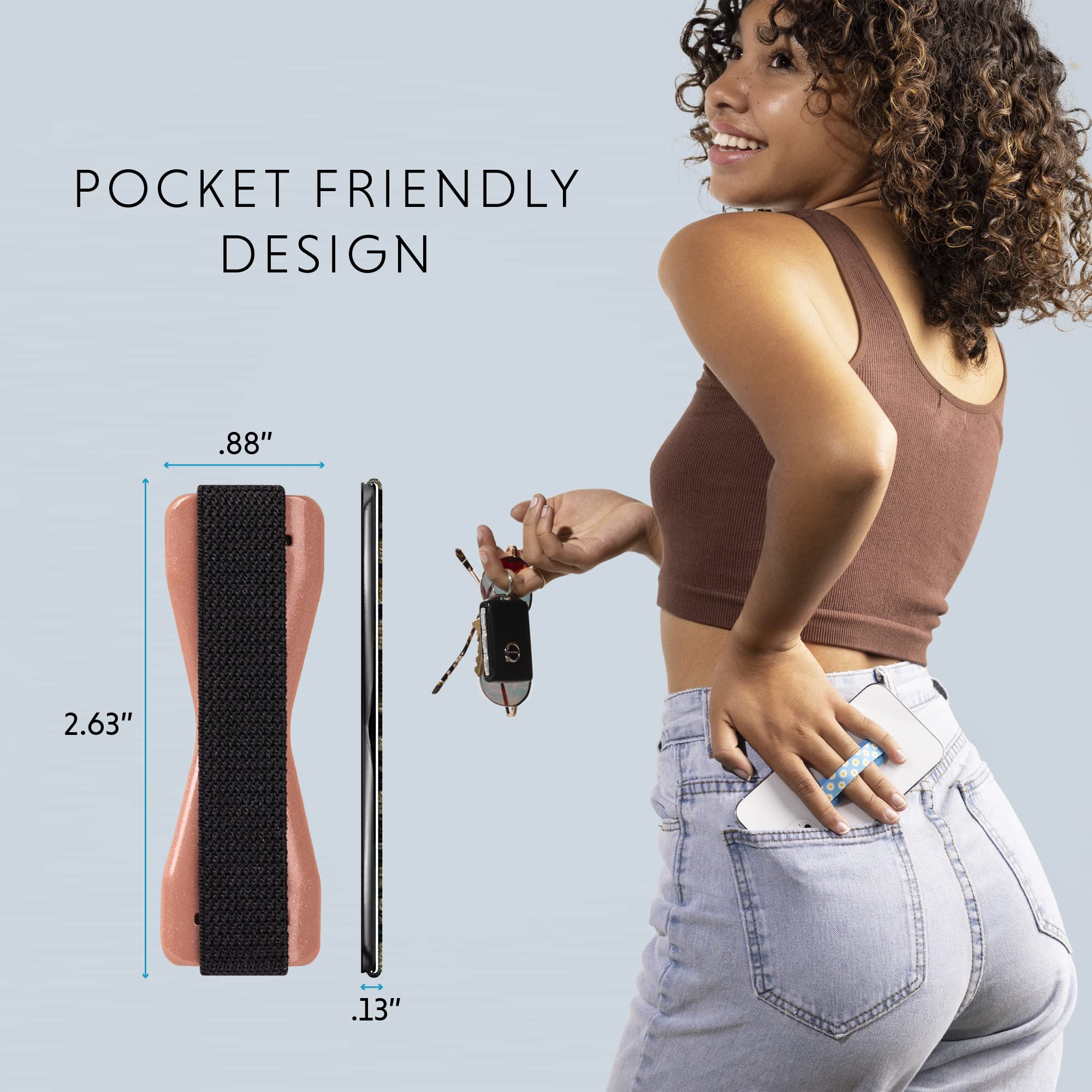 Lovehandle Universal Phone Grip For Smartphones & Mini Tablets   Phone Holder For Hand   Wireless Charging Compatible   Made In The Usa   Black Elastic Strap With Rose Base