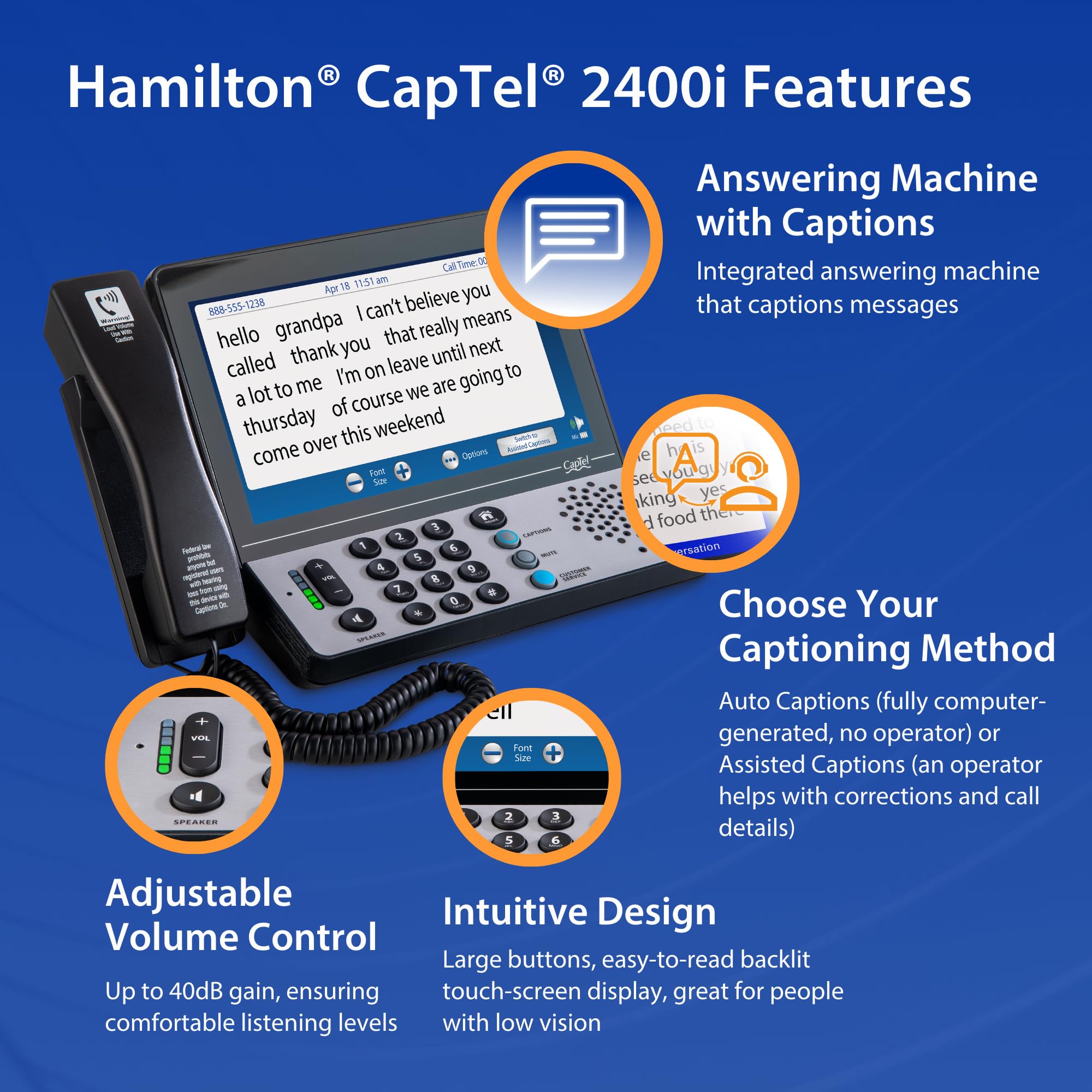 Hamilton Captel 2400Ispnbt Captioned Telephone, Hearing Impaired Phones, Volume Control With Up To 40Db Amplification Gain, Larg