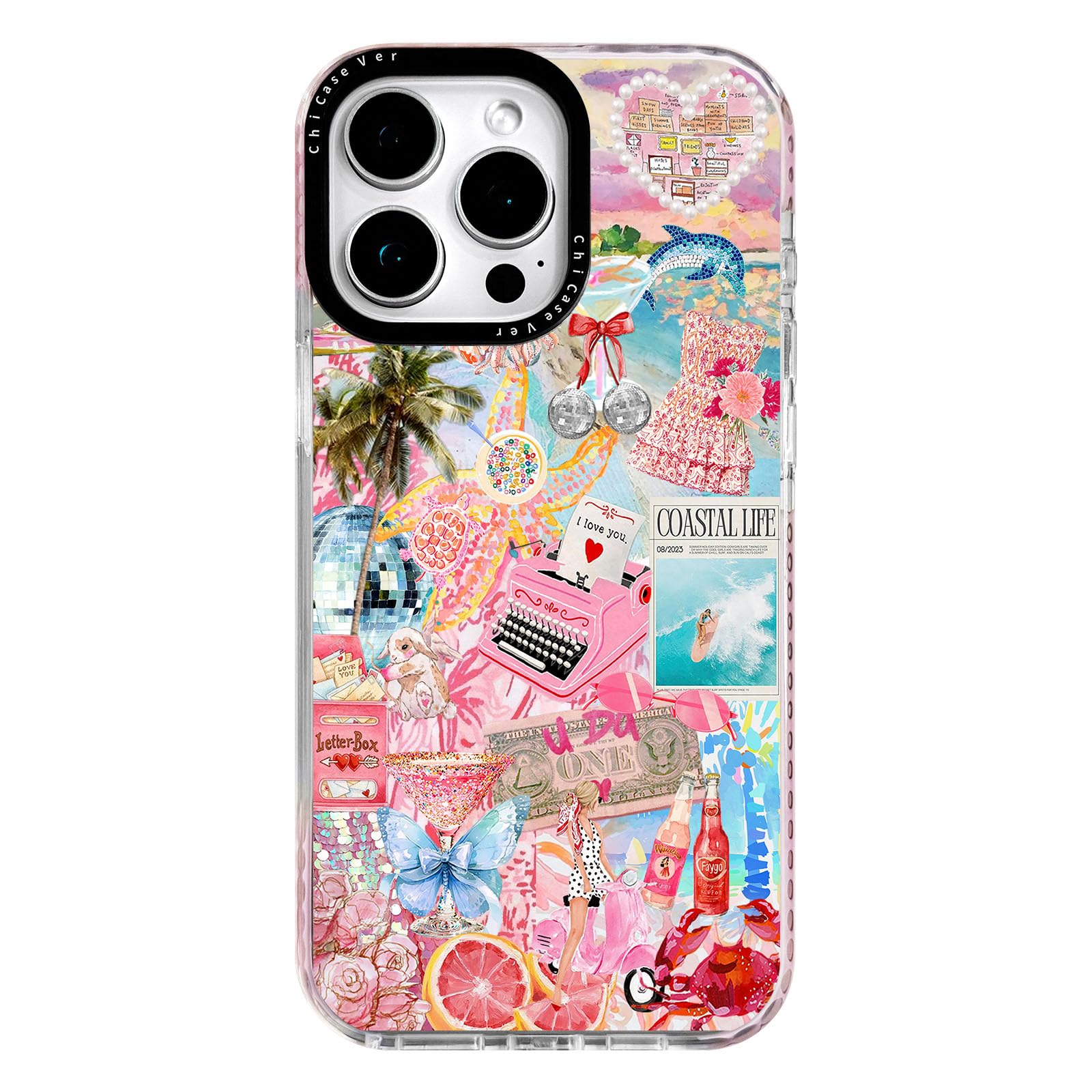 ChiCaseVer for iPhone 13 Pro Case, Coastal Life Pattern with Tropical Collage, Military-Grade Drop Protection, Pink Paradise Sof