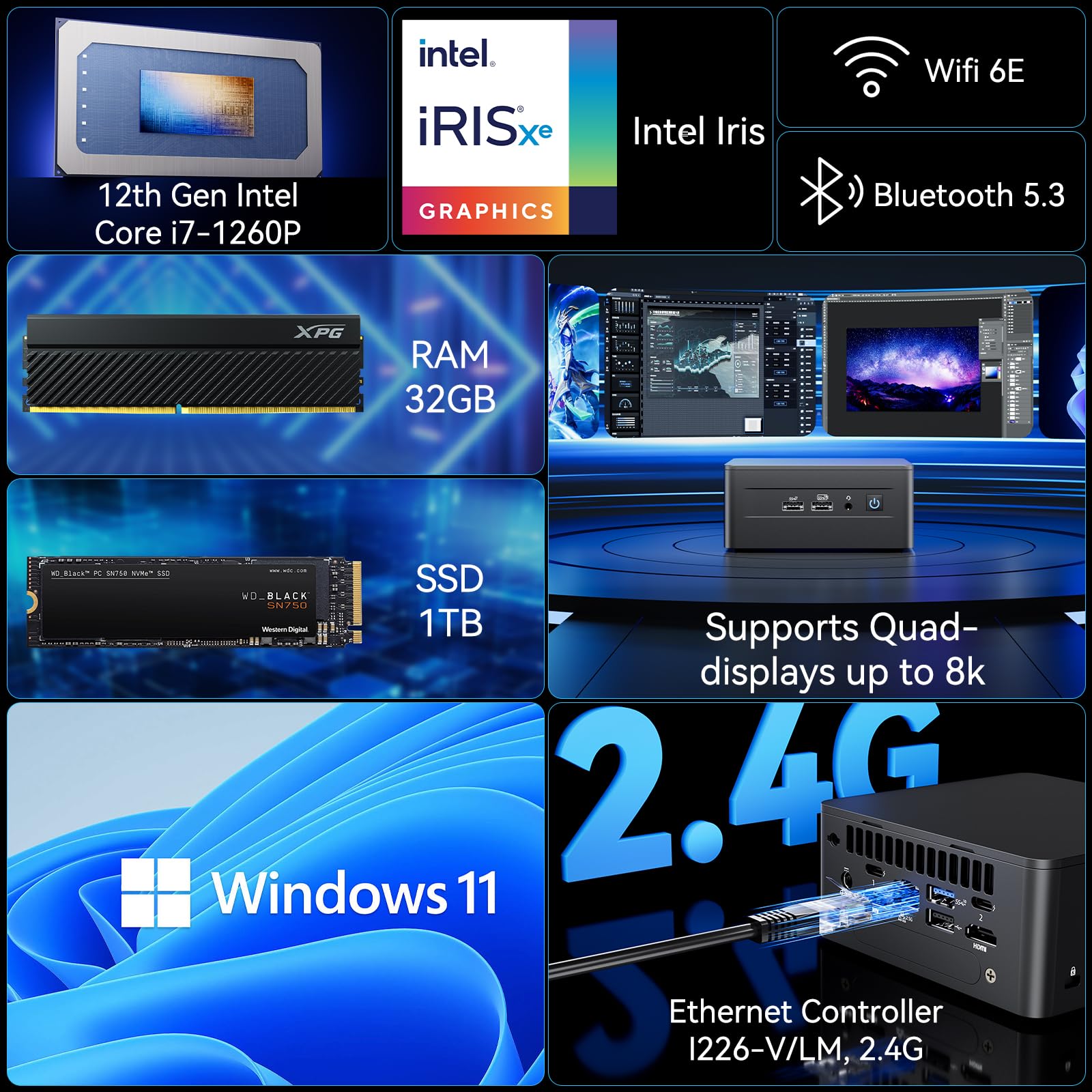 Intel Nuc 12 Pro, For Asus Nuc 12 Pro Wall Street Canyon Mini Pc, 32Gb Ram, 1Tb Ssd, Intel Core I7-1260P Cpu (18M Cache, Up To 4