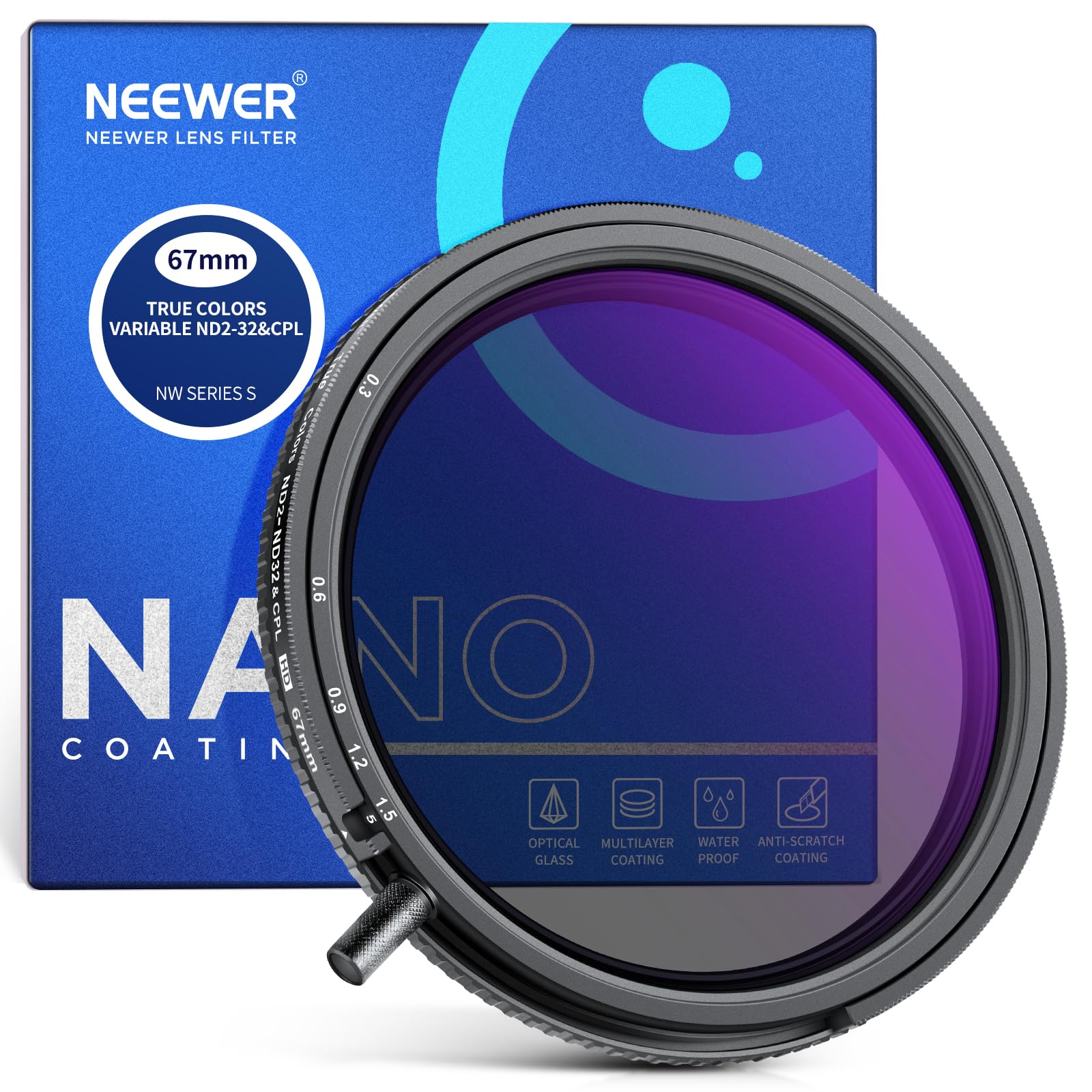 Neewer 67Mm True Colors Variable Nd Filter Nd2 Nd32 & Cpl, 2 In 1 Adjustable Neutral Density And Circular Polarizing Filter, Mul