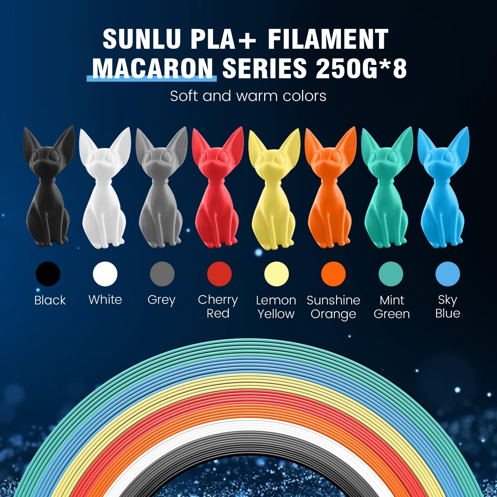 Sunlu 3D Printer Filament Pack, 0.25Kg Each Spool, Total 2Kg, Mini Spool, Pla+ Filament 1.75Mm, 8 Packs, Black+ White+ Grey+ Min