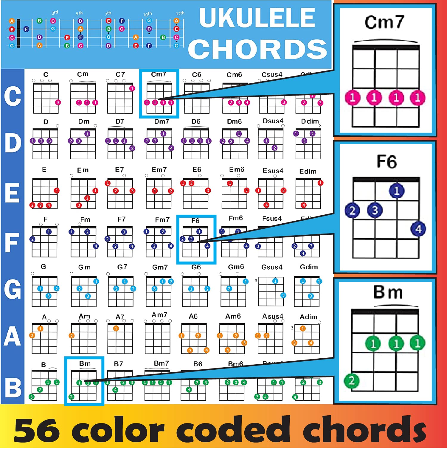 Ukulele Chords Poster, An Educational Reference Guide For Ukulele Players And Teachers, Printed On Waterproof, Non Tearing, Poly