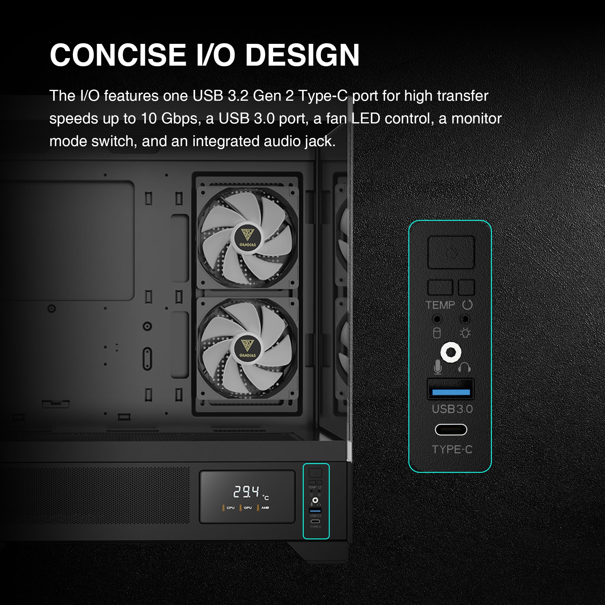Gamdias Mid Tower Gaming Computer Case W/Display& App, Atx Tempered Glass Pc Case, Built In 3X 120Mm Argb Pwm Fans, Up To Rtx 40