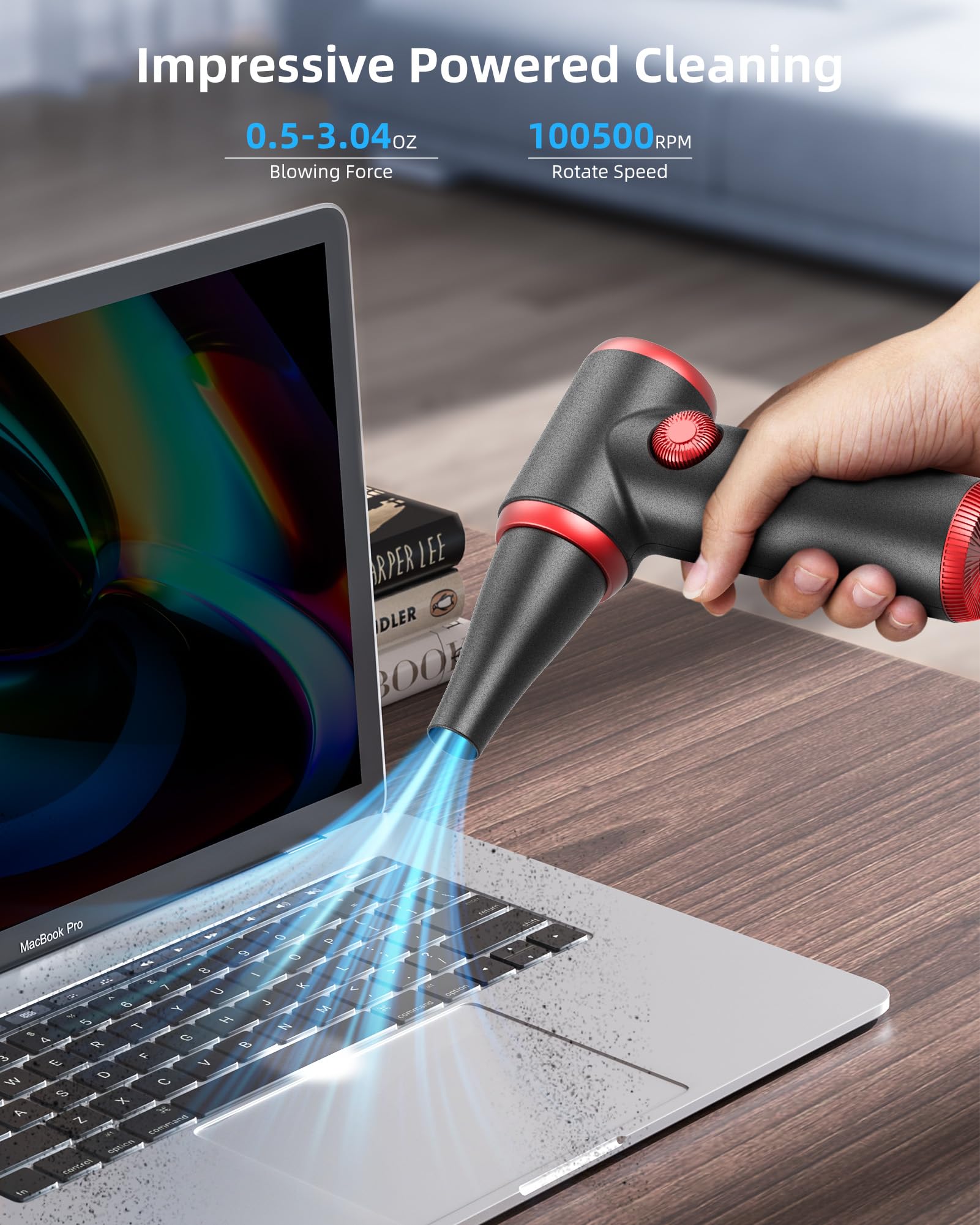 Koonie Compressed Air Duster, 100500Rpm Electric Air Duster With Led Light, Cordless Air Blower Replaces Compressed Air Cans, Re