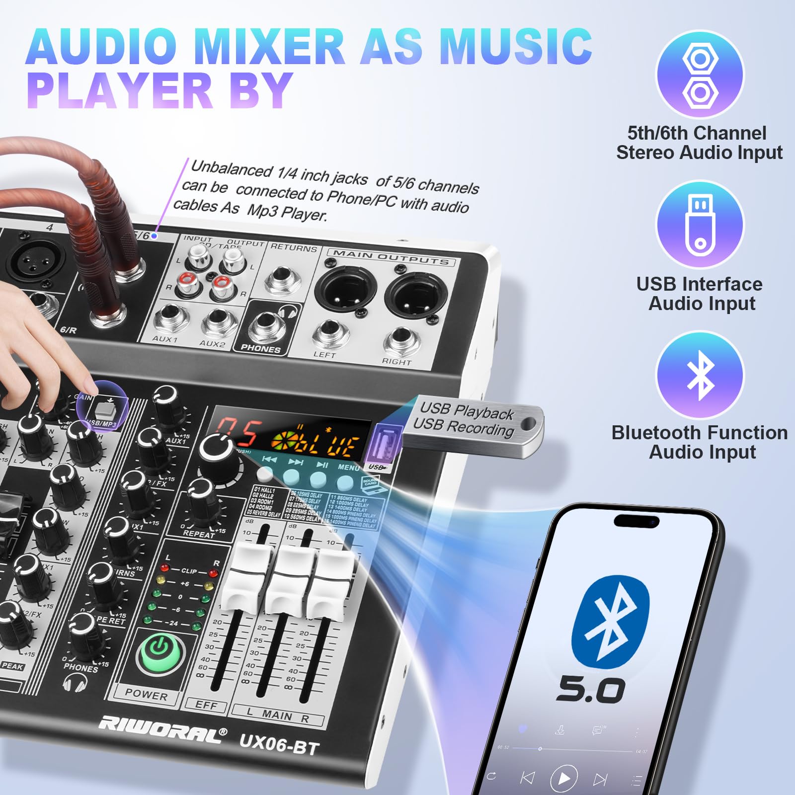 6 Channel Audio Interface Sound Board Mixing Console 16 Bit Dsp Dj Mixer Audio Reverb Effect +48V Phantom Bluetooth Studio Audio