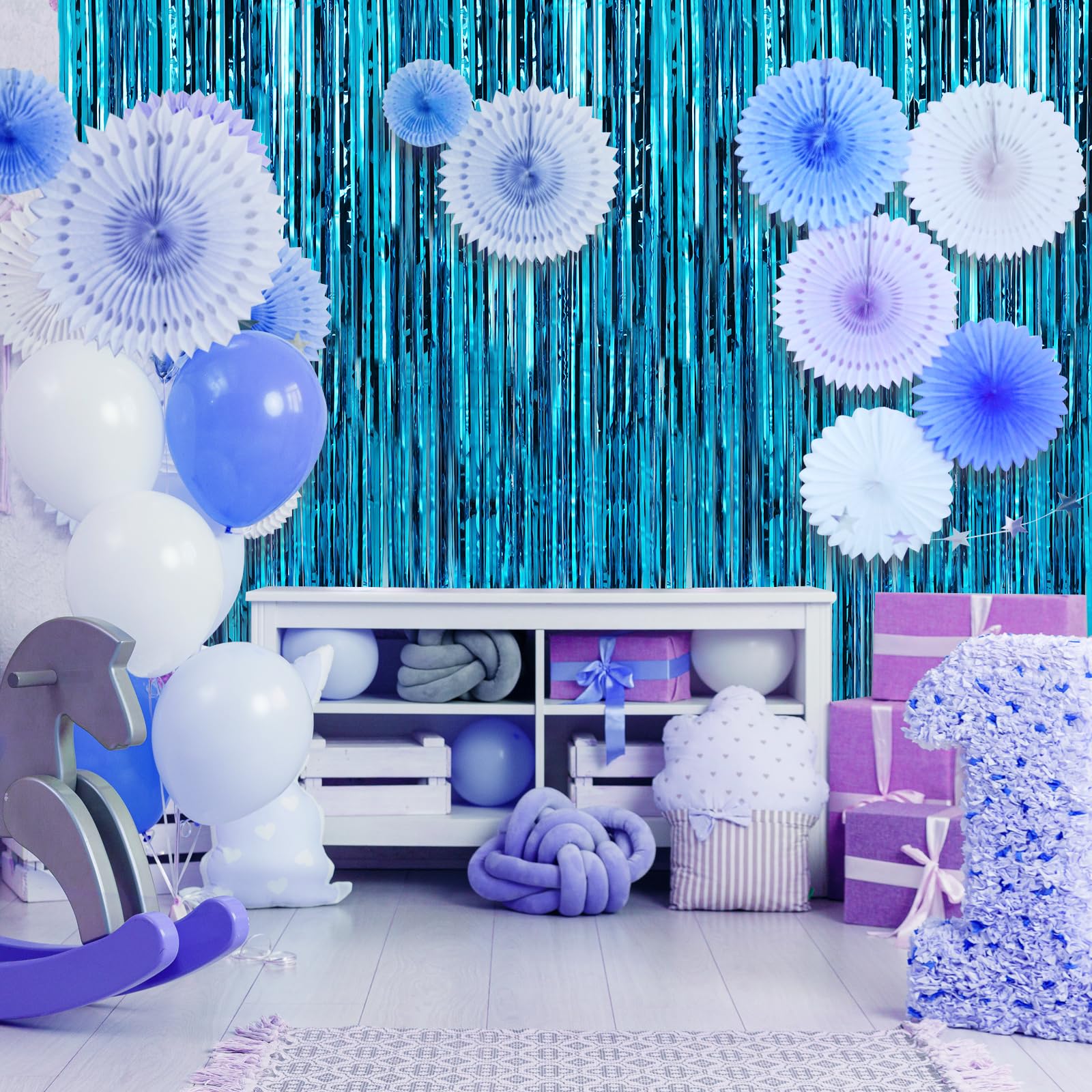 Crosize 3 Pack 3.3 X 9.9 Ft Blue Foil Fringe Backdrop Curtain, Streamer Backdrop Curtains, Streamers Birthday Party Decorations,