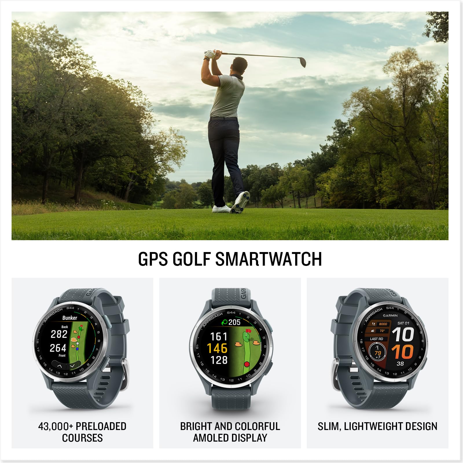 Garmin Approach? S44, Essential Golf Gps Smartwatch, Amoled Display, On Course Features, Silver Aluminum Bezel With Twilight Sil
