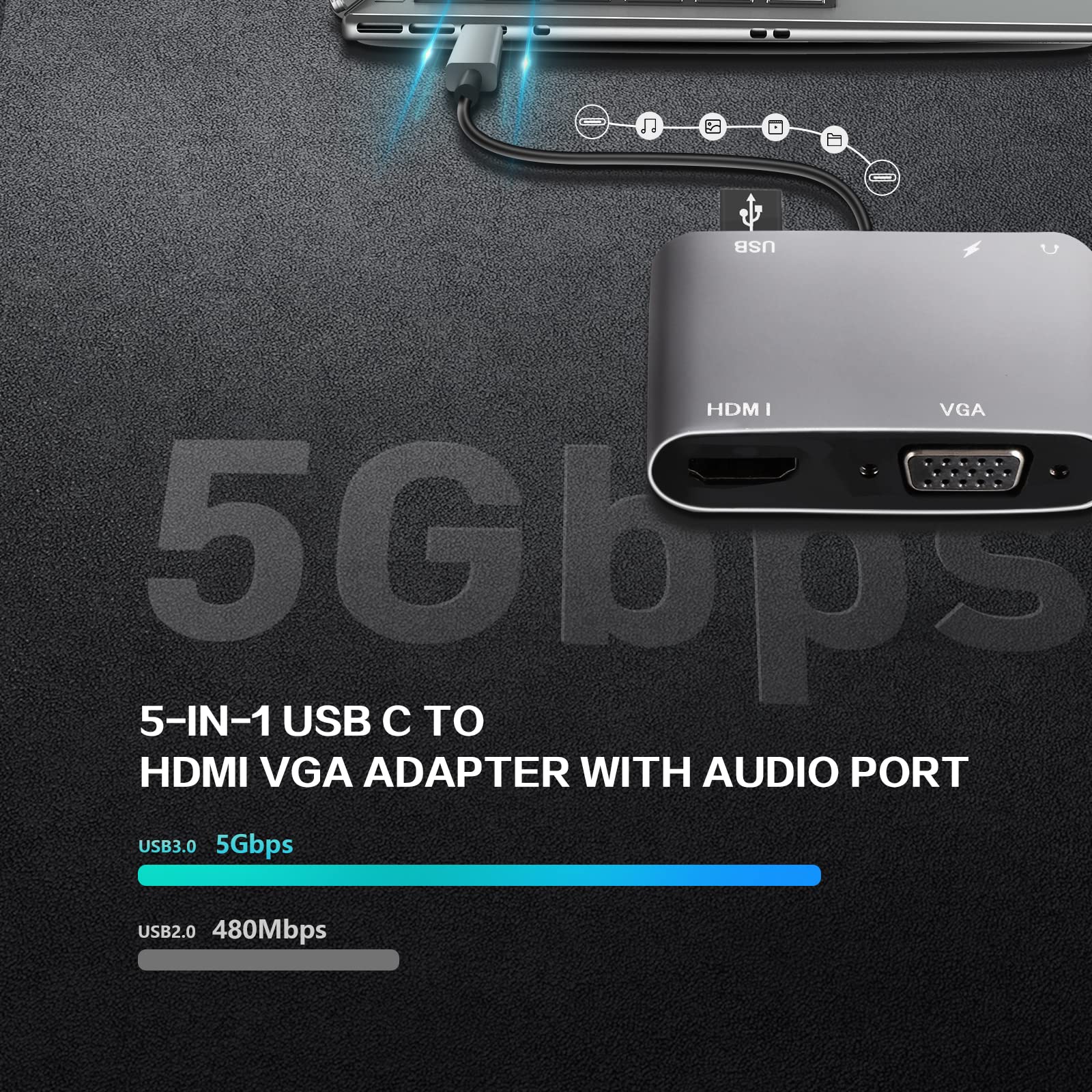 Vcom Usb C To Hdmi Vag Adapter, 5 In 1 Usb C Hub With 100W Power Delivery, 4K Hdmi, 1080P Vga, Usb 3.0 Port, Otg Adapter Compati