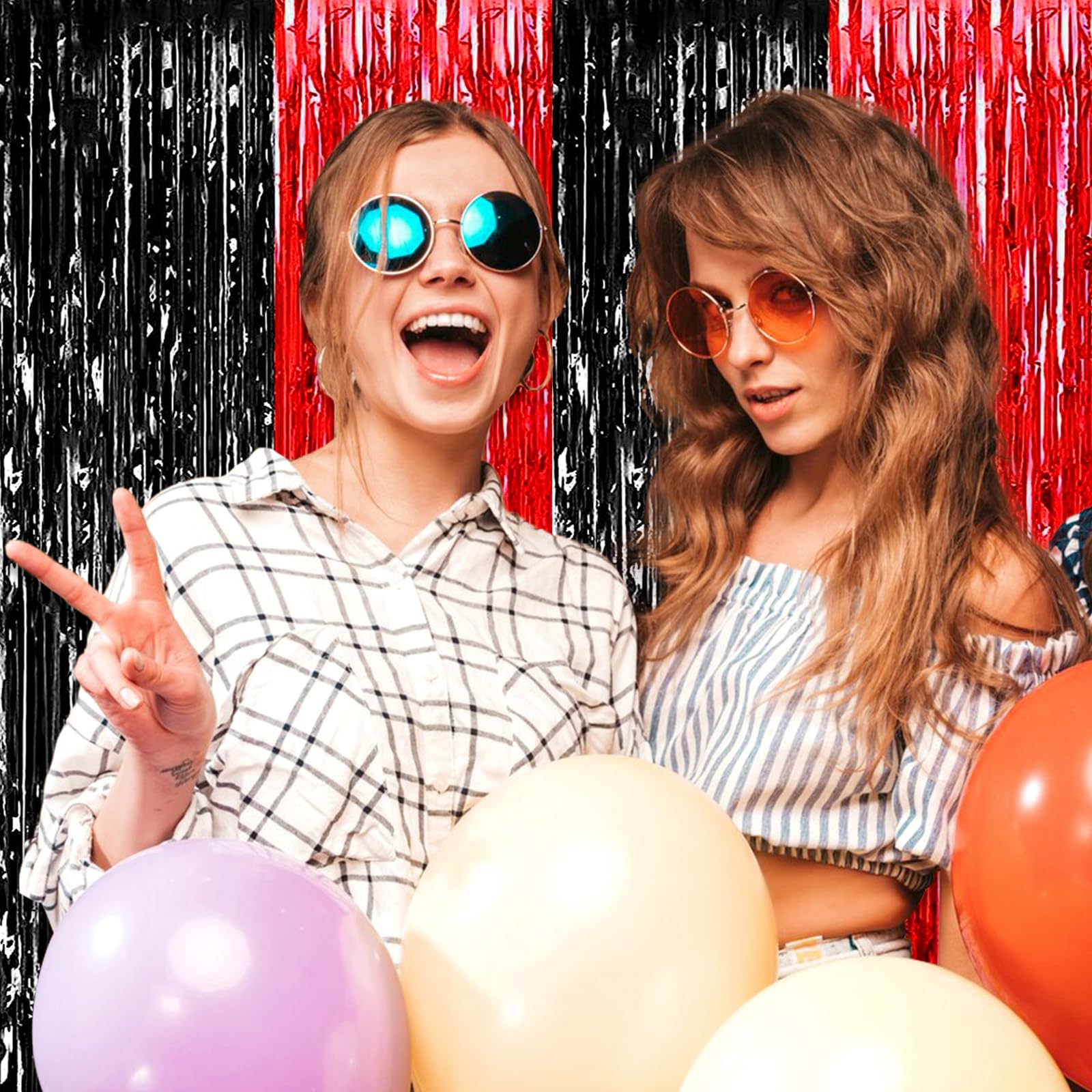 6 Pack Black Red Foil Fringe Curtain Backdrop, 3.28Ft X 8.2Ft Metallic Tinsel Foil Fringe Streamer Curtains For Photo Booth, Bir