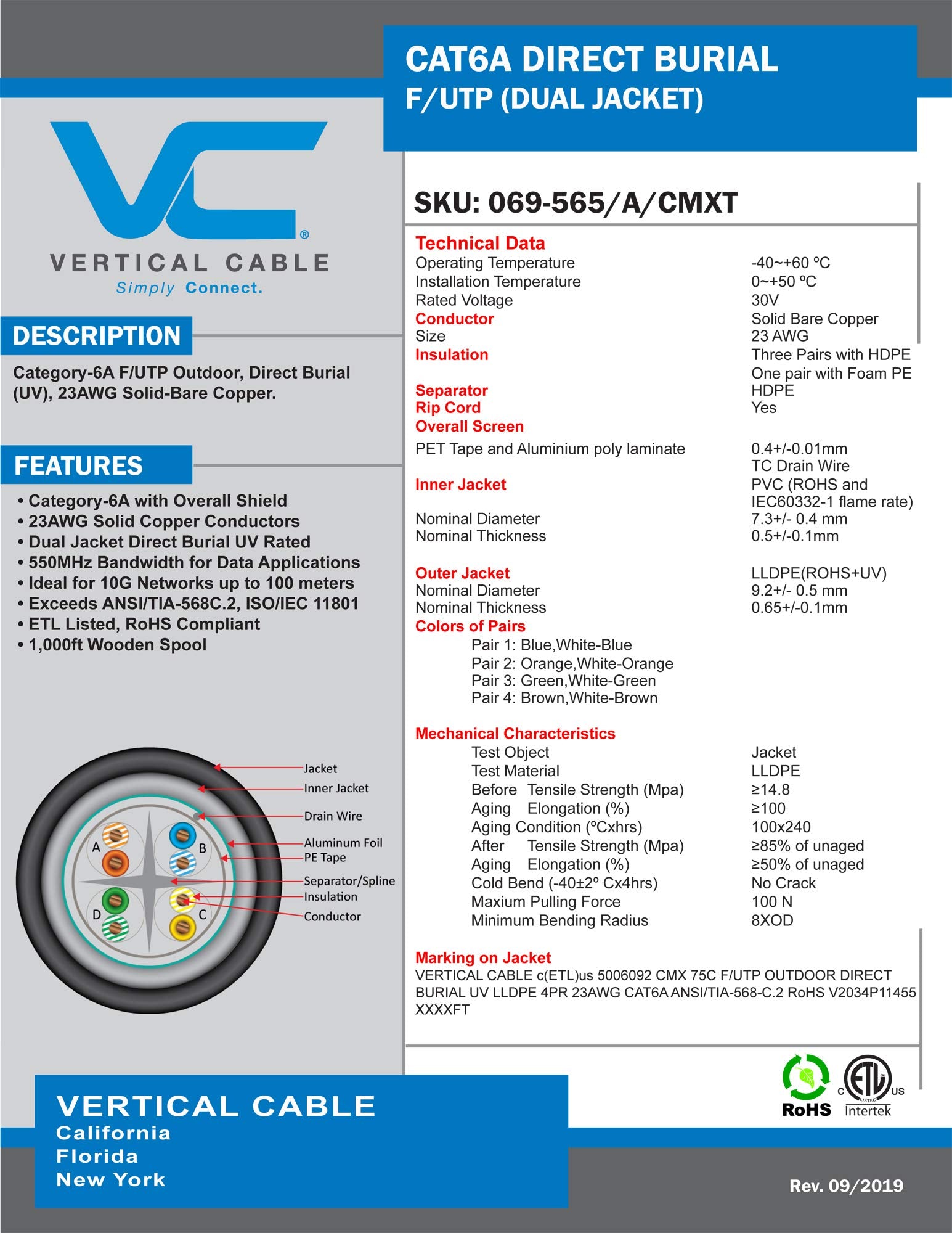 Vertical Cable Cat6A, Shielded Dual Jacket, Direct Burial, 1000Ft, Black, Bulk Ethernet Cable