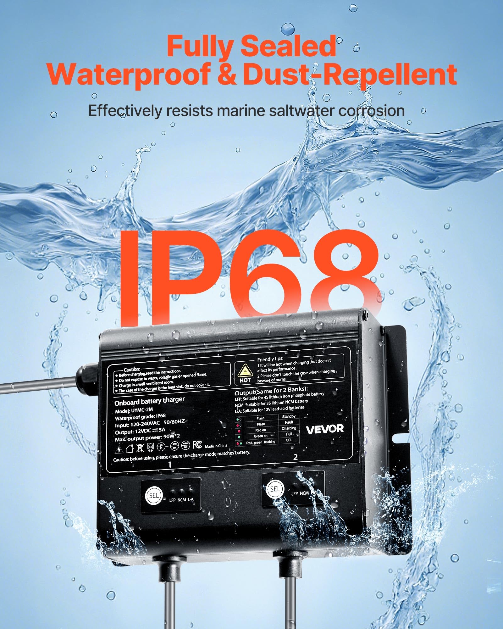 Vevor 2 Bank Marine Battery Charger, 5A    2, 12V Onboard Charger, Ip68 Waterproof Smart Boat Battery Charger, For Lithium-Ion L