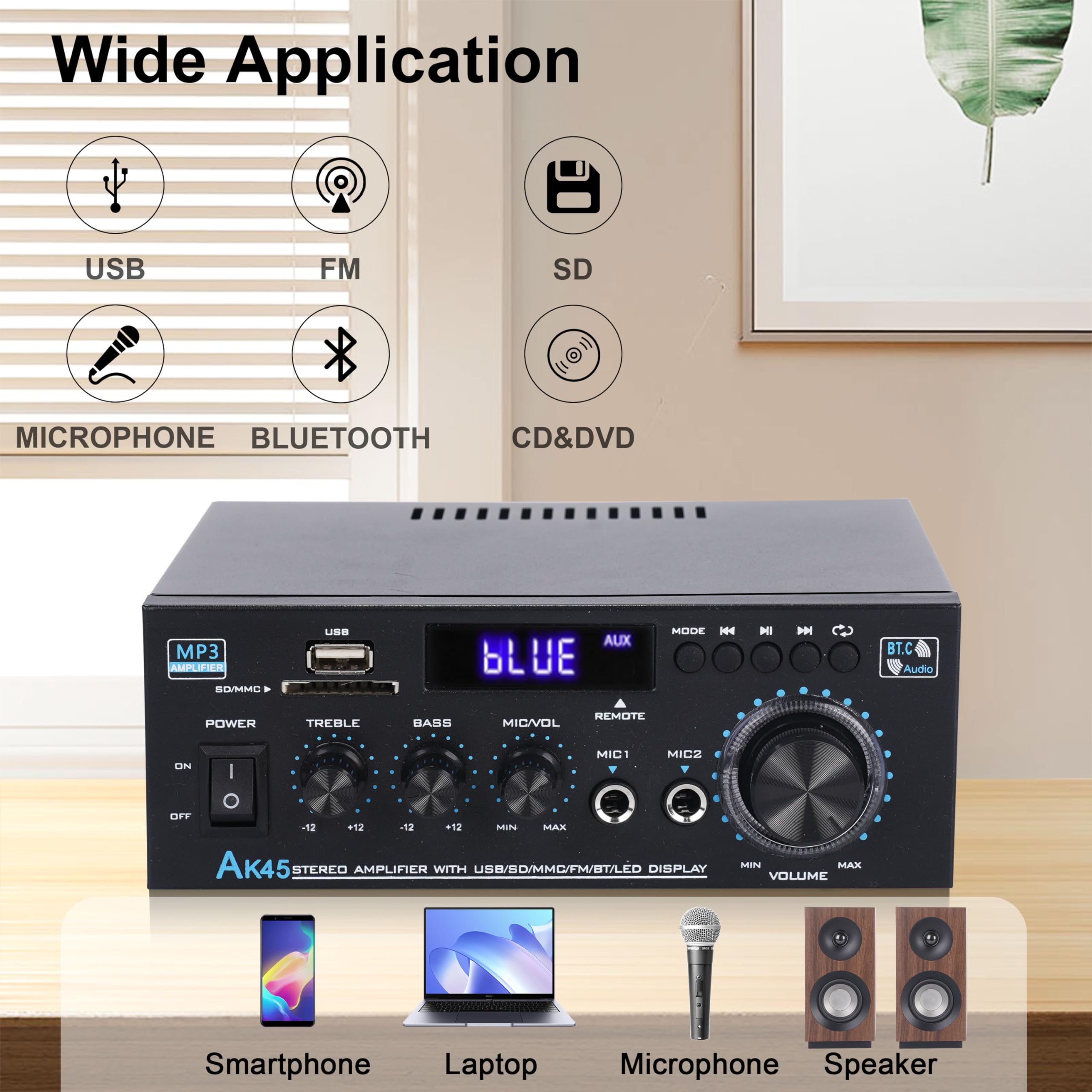 Stereo Audio Ak45 Amplifier,300W Home 2 Channel Wireless Bluetooth 5.0 Power Amplifier System, Home Amplifiers Fm Radio, Usb, Sd