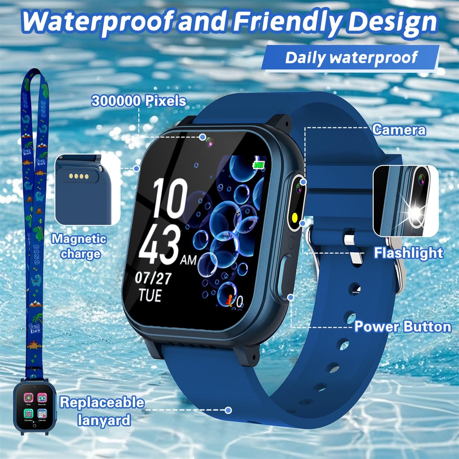 Kids Waterproof Smart Watch With 32 Games Dual Camera Music Player Pedometer Habit Tracking Hd Screen Protectors Lanyard Flashli