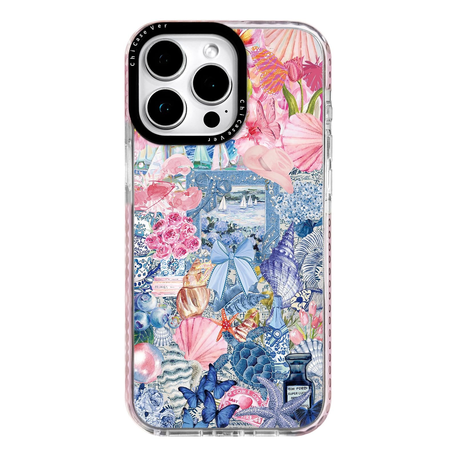 ChiCaseVer for iPhone 15 Pro Max Case,Vintage Coastal Collage with Floral,Turtle&Shell Pattern,Military-Grade Drop Protection,Se
