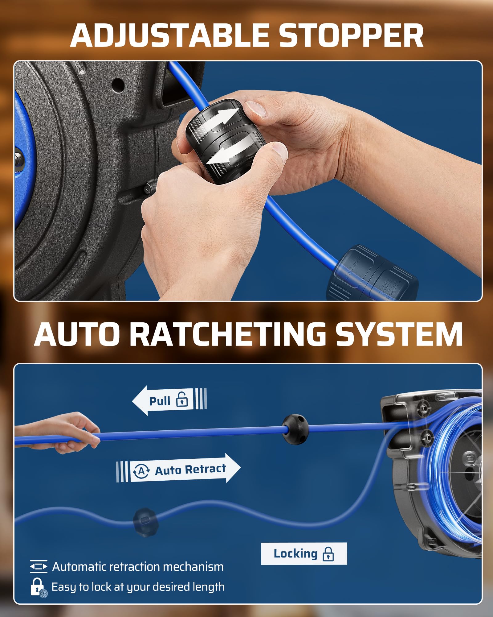 Dewenwils 50Ft Extension Cord Reel, Retractable Extension Cord Reel, Twist Lock Stopper, 14/3C Sjtow, 6 Grounded Outlets, 13A Ci