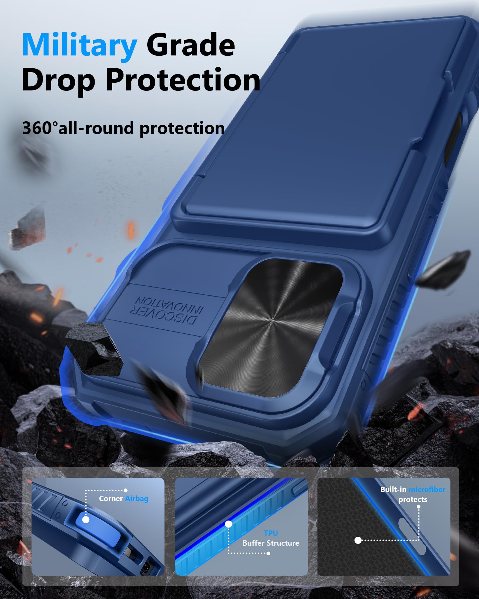 Atatoo For Iphone 16 Case With Card Holder (Store 3 5 Cards) & Slide Camera Cover & Rfid Blocking, Military Grade Protection, Ru