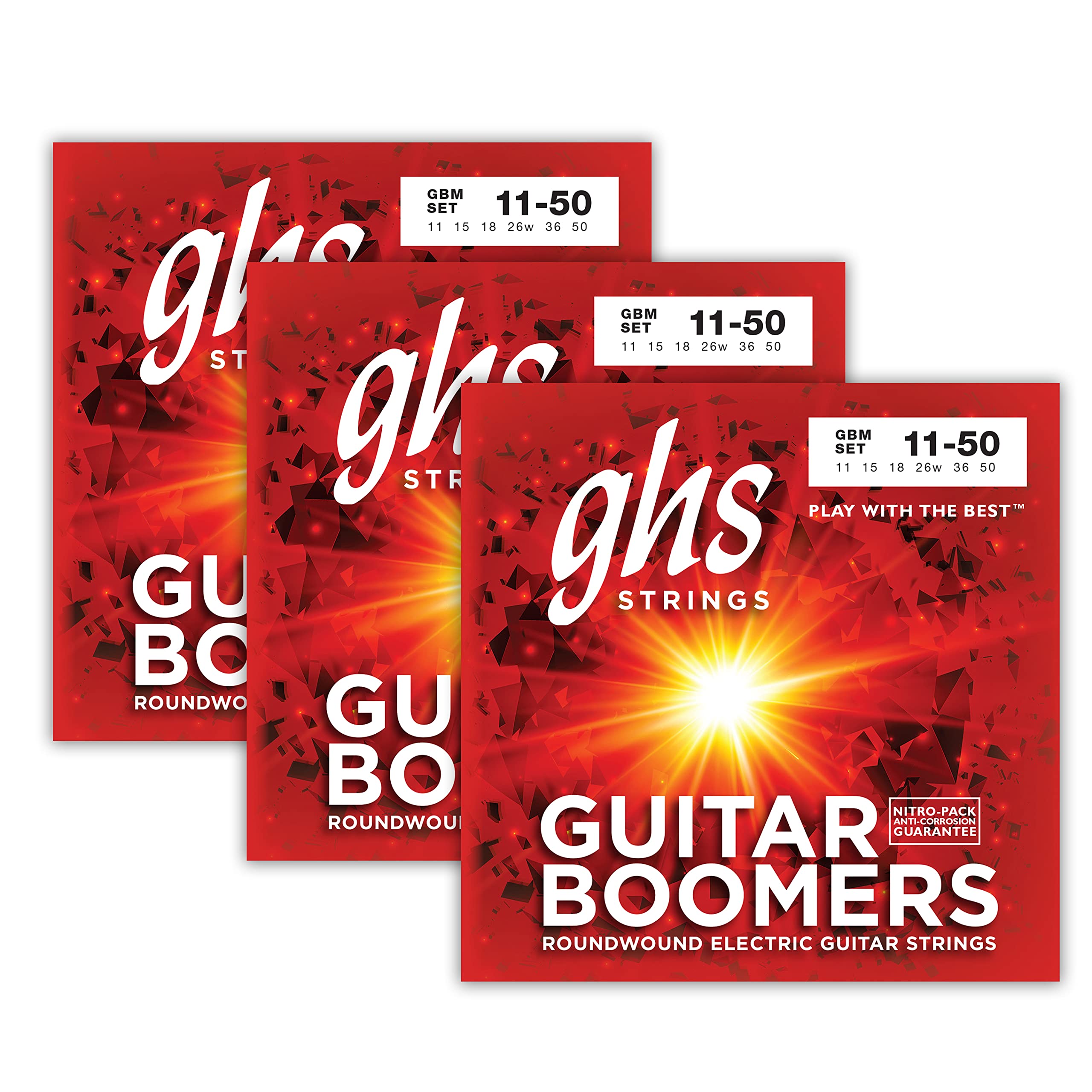 Ghs Strings Gbm Guitar Boomers, Nickel Plated Electric Guitar Strings, Medium (11 50), Pack Of 3