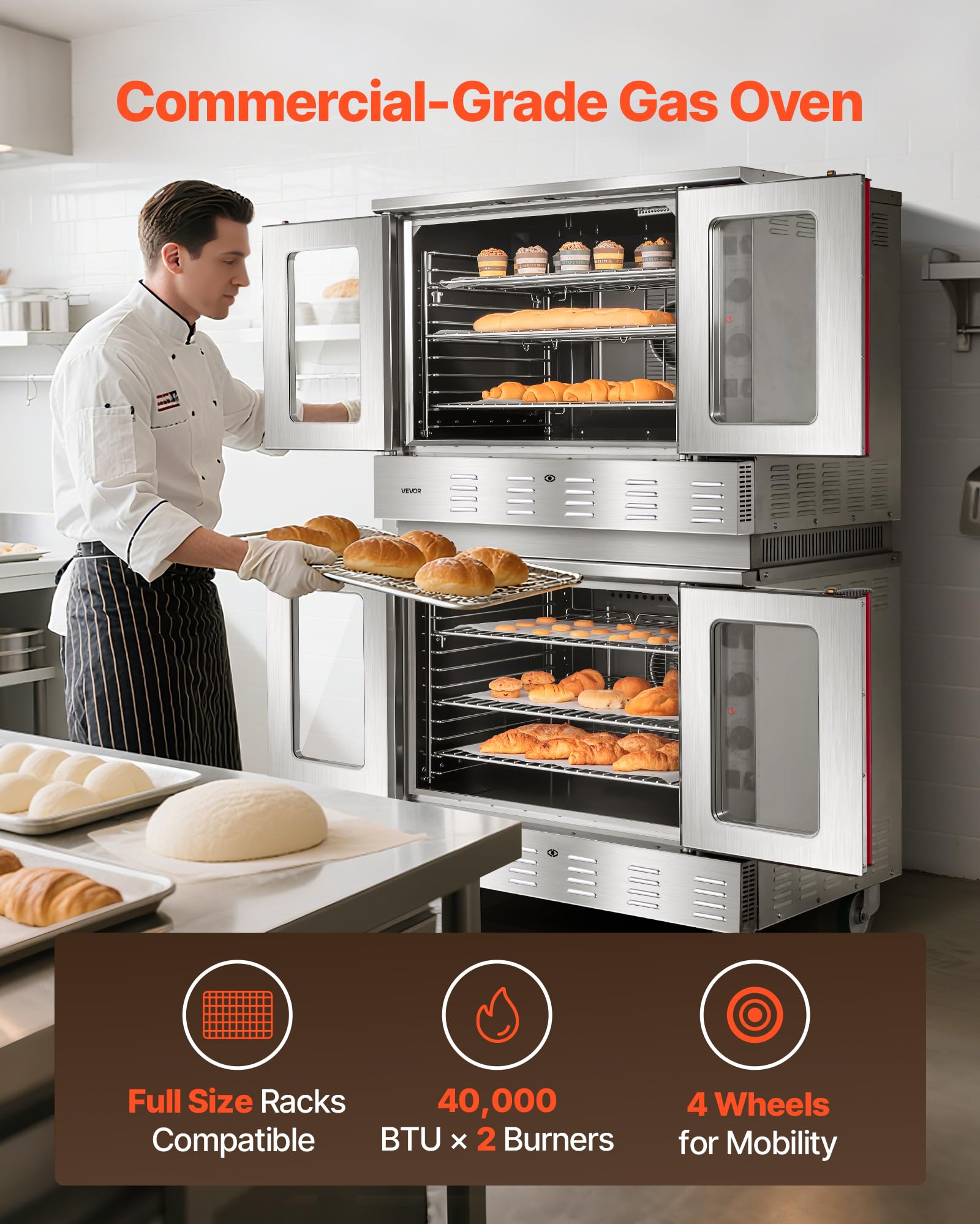 Vevor Double Deck Gas Convection Oven, 14 Cu.Ft Full-Size Commercial Convection Oven, 40,000 Btu X 2 Powerful Burners, Natural G