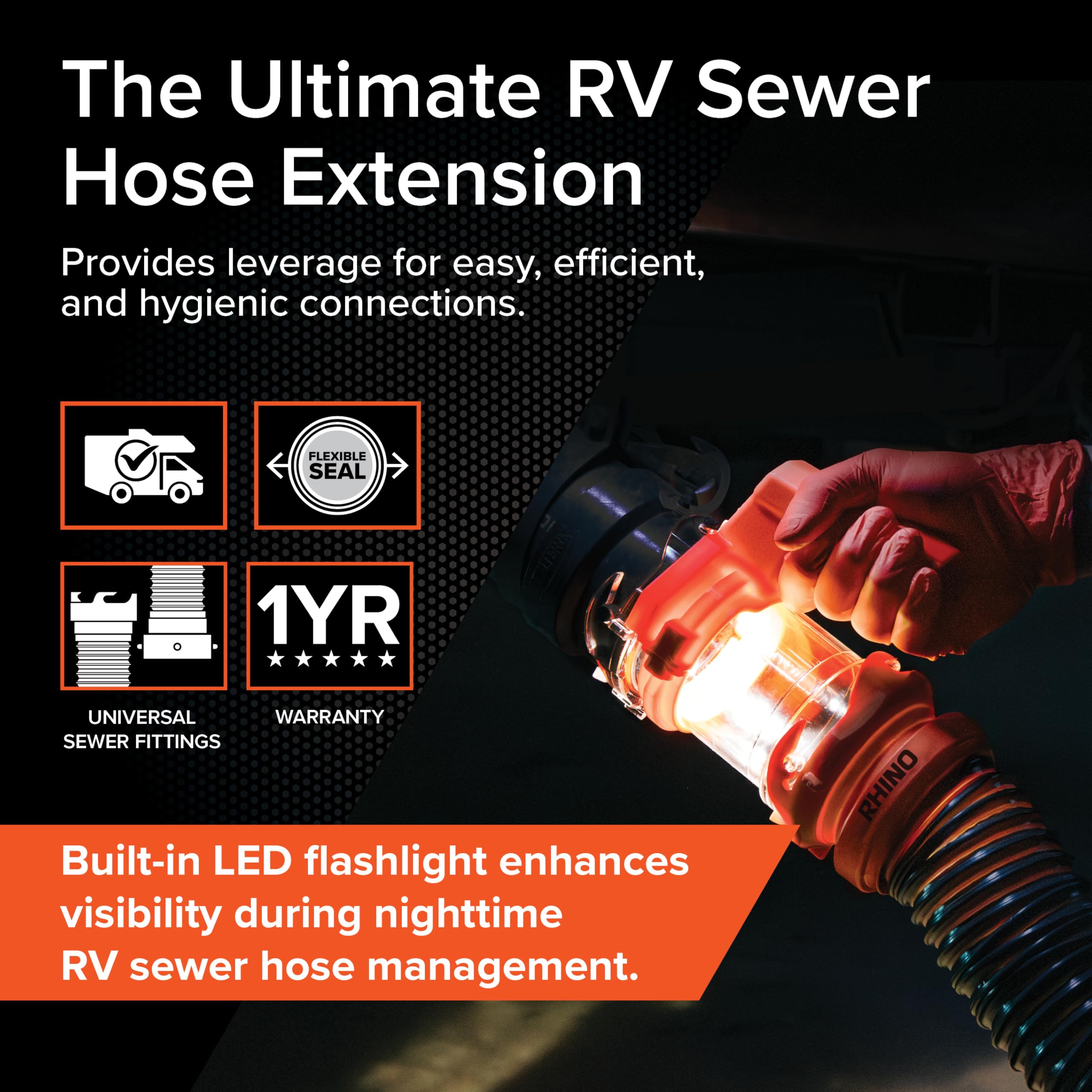 Camco Rhino Rv Sewer Hose Extender Pro - 5'' Sewer Hose Extension - Torque-Grip Handle With Built-In Led Flashlight - The Easies,WBAUVB0DZ73J2DZ