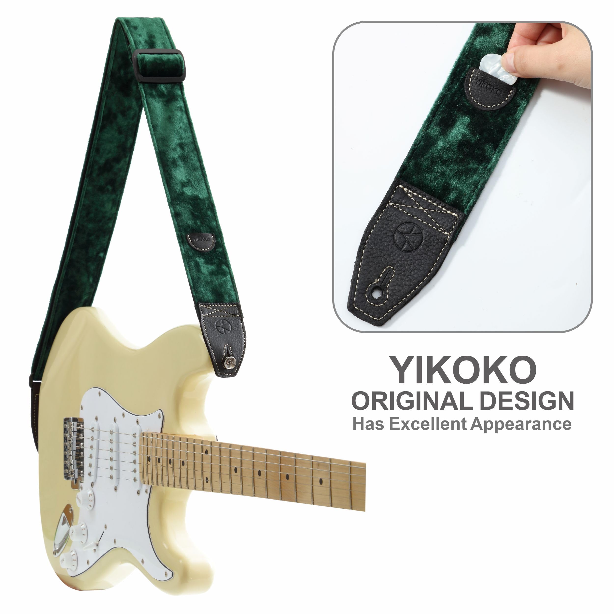 Yikoko Guitar Strap 2 Inch Velvet Guitar Straps With Full Grain Leather End, For Bass Electric And Acoustic Guitars, Free Strap