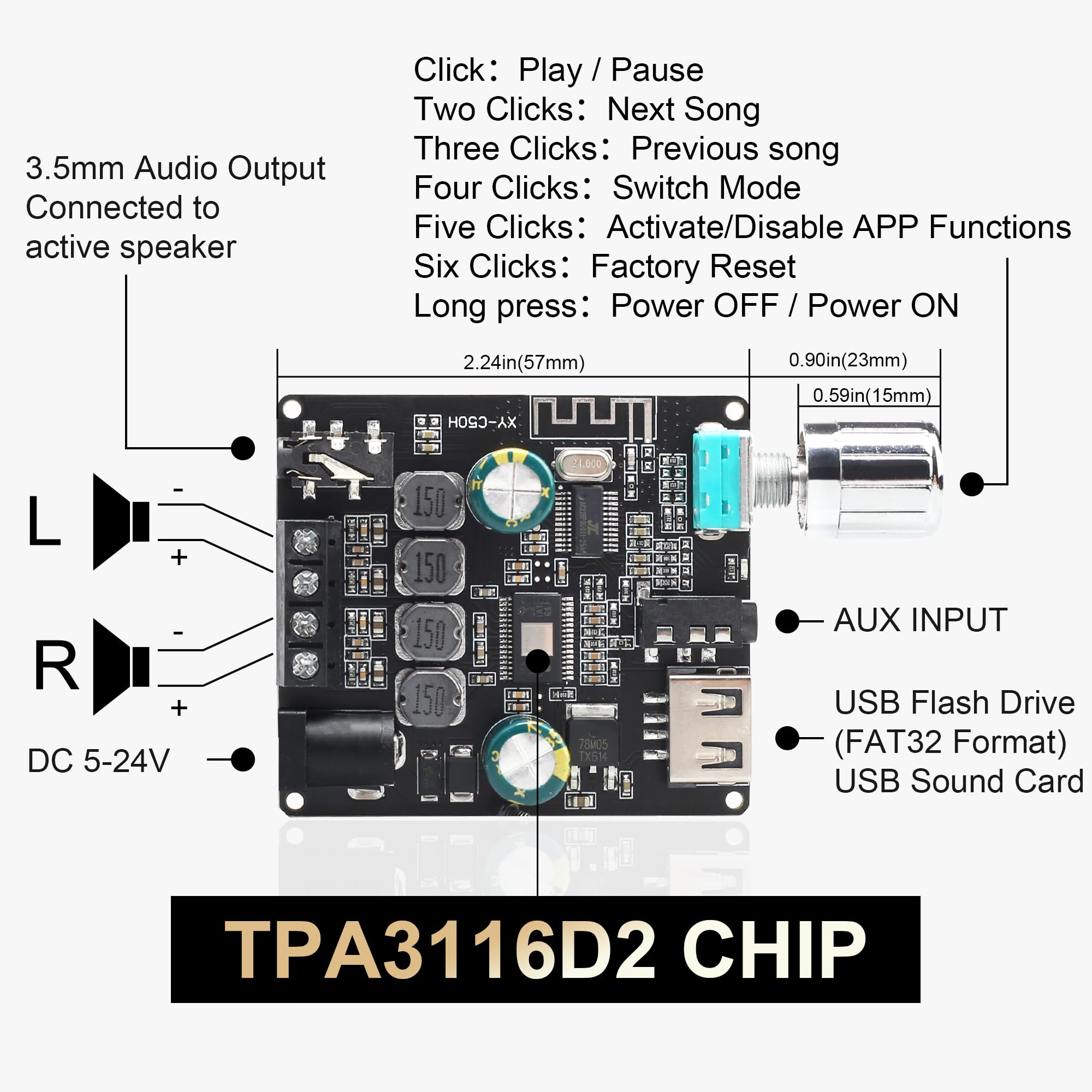 C50Hs Bluetooth Amplifier Board Tpa3116D2 Hifi Chip 12 24V Dc Input,Support Usb Sound Card/Usb Flash Driver, Aux, Bluetooth Mult