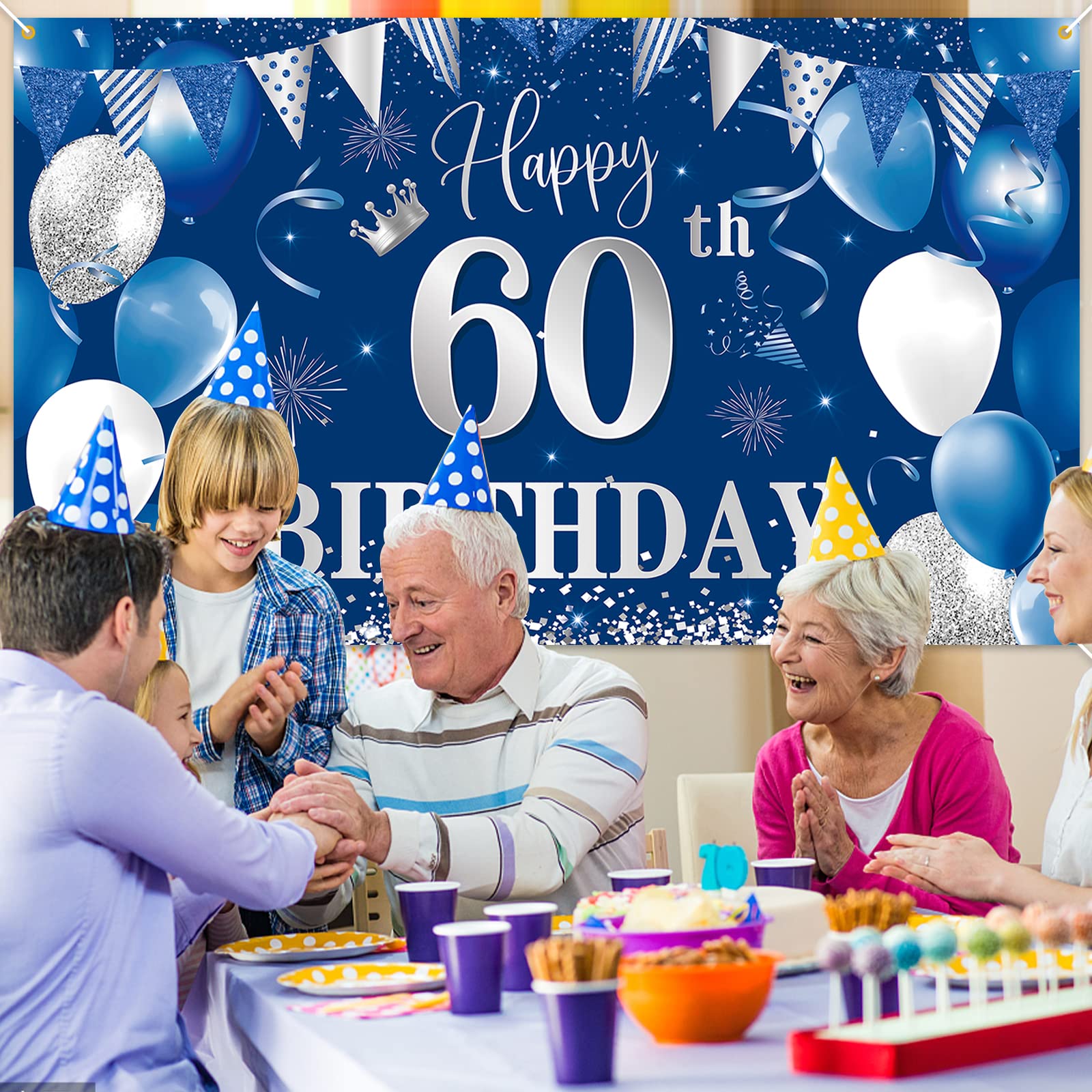 60Th Birthday Banner Backdrop,Btzo Happy 60Th Birthday Decorations,Blue Silver Fabric Photo Backdrop Background For Men And Wome