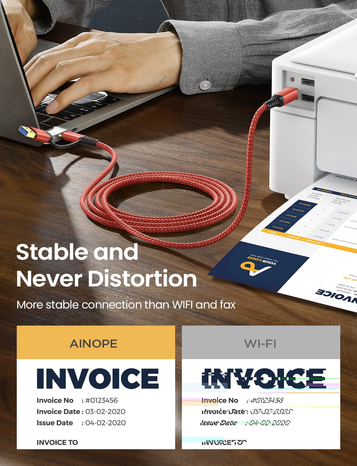 Ainope 2 In 1 Usb Printer Cable High Speed [6.6Ft Red] Usb B To Usb C Printer Cord For Macbook Pro/Air, Hp Canon Dell Epson Brot