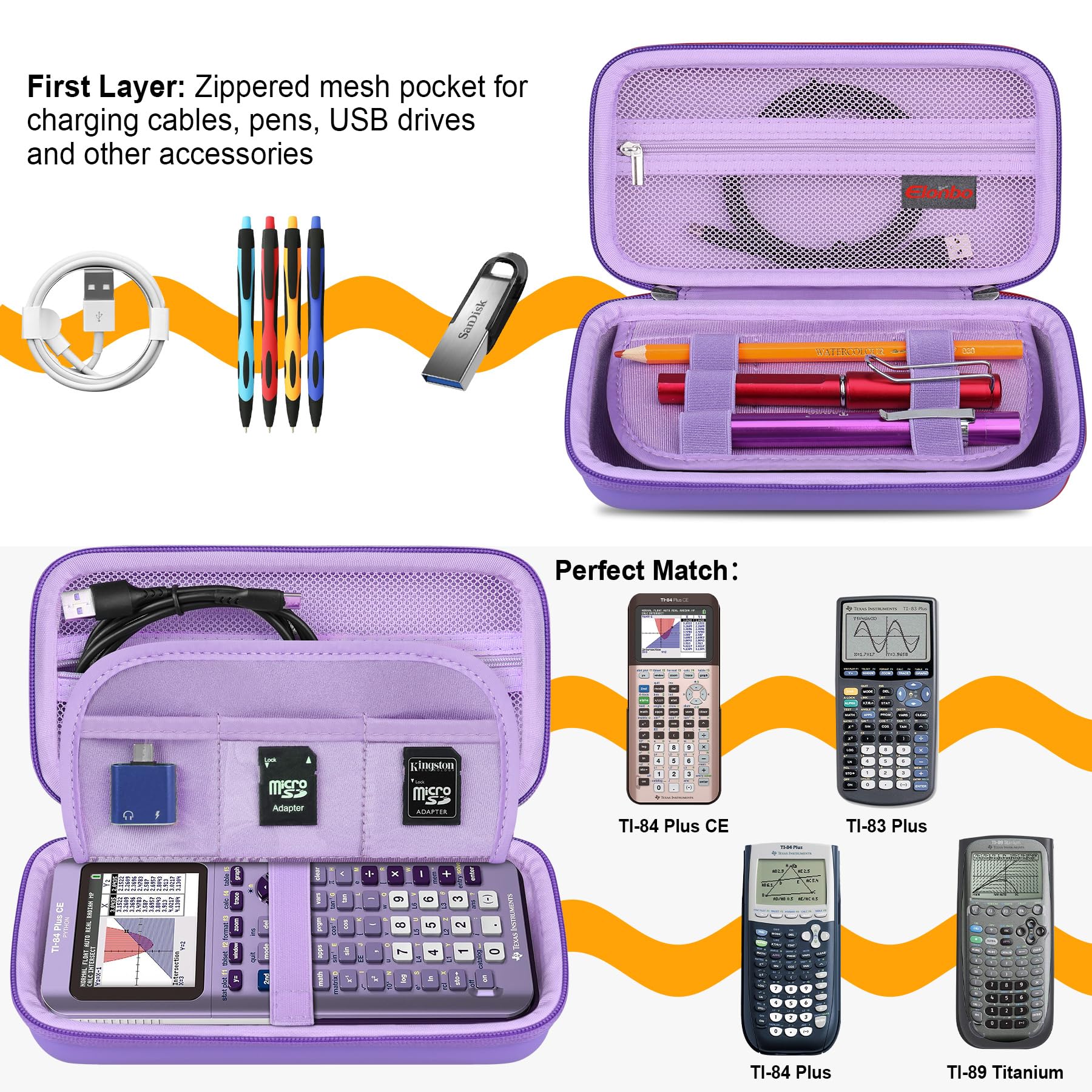 Elonbo Carrying Case For Texas Instruments Ti 84 Plus Ce/Ti 84 Plus/Ti 83 Plus Ce/Casio Fx 9750Gii Color Graphing Calculator, Extra Mesh Pocket Fits Charging Cable, Charger, Manual, Purple
